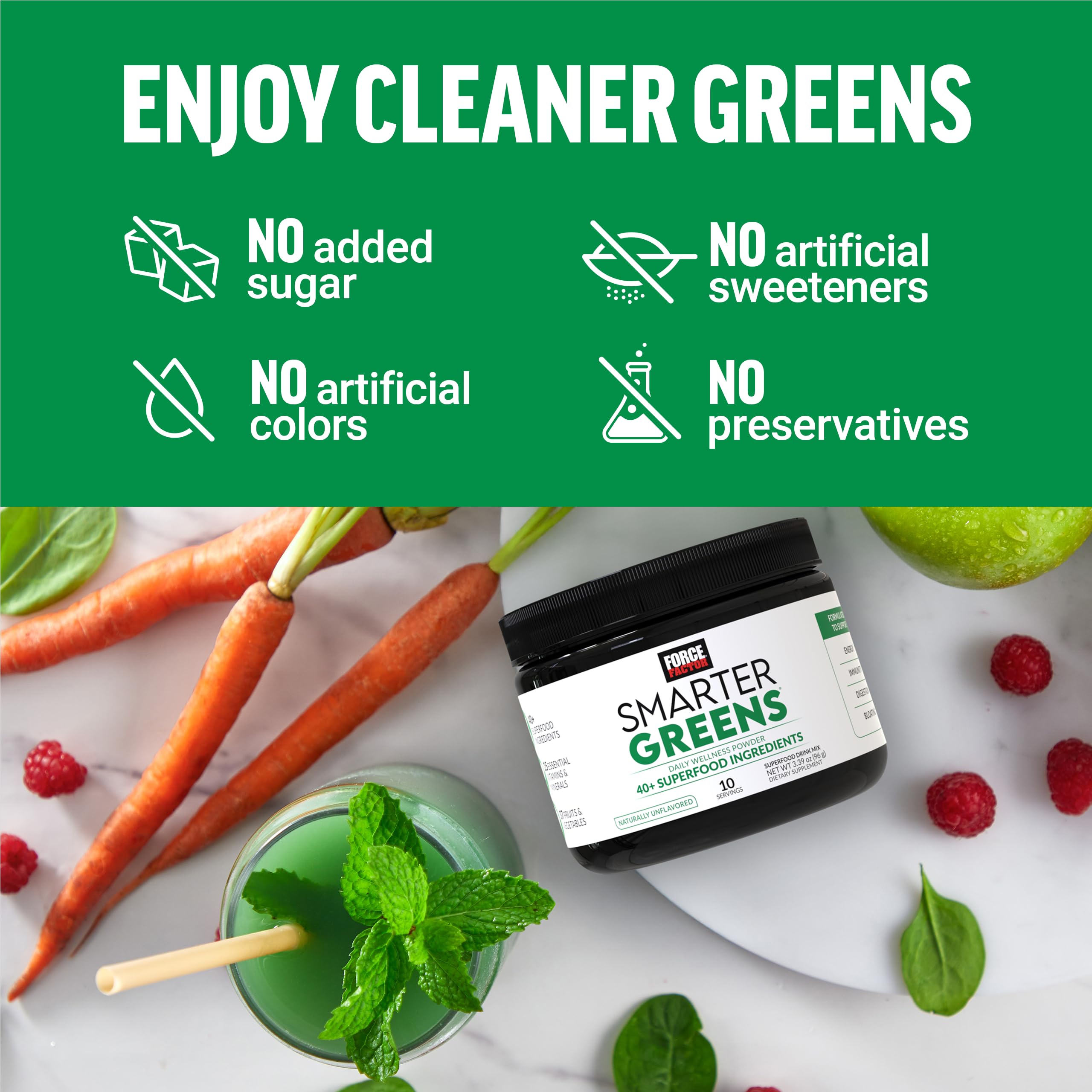 Force Factor Smarter Greens Daily Wellness Powder to Support Gut Health | Greens Superfood Powder for Bloating & Digestion, with 40+ Superfoods, 125 Million CFU of Probiotics, Unflavored, 10 Servings