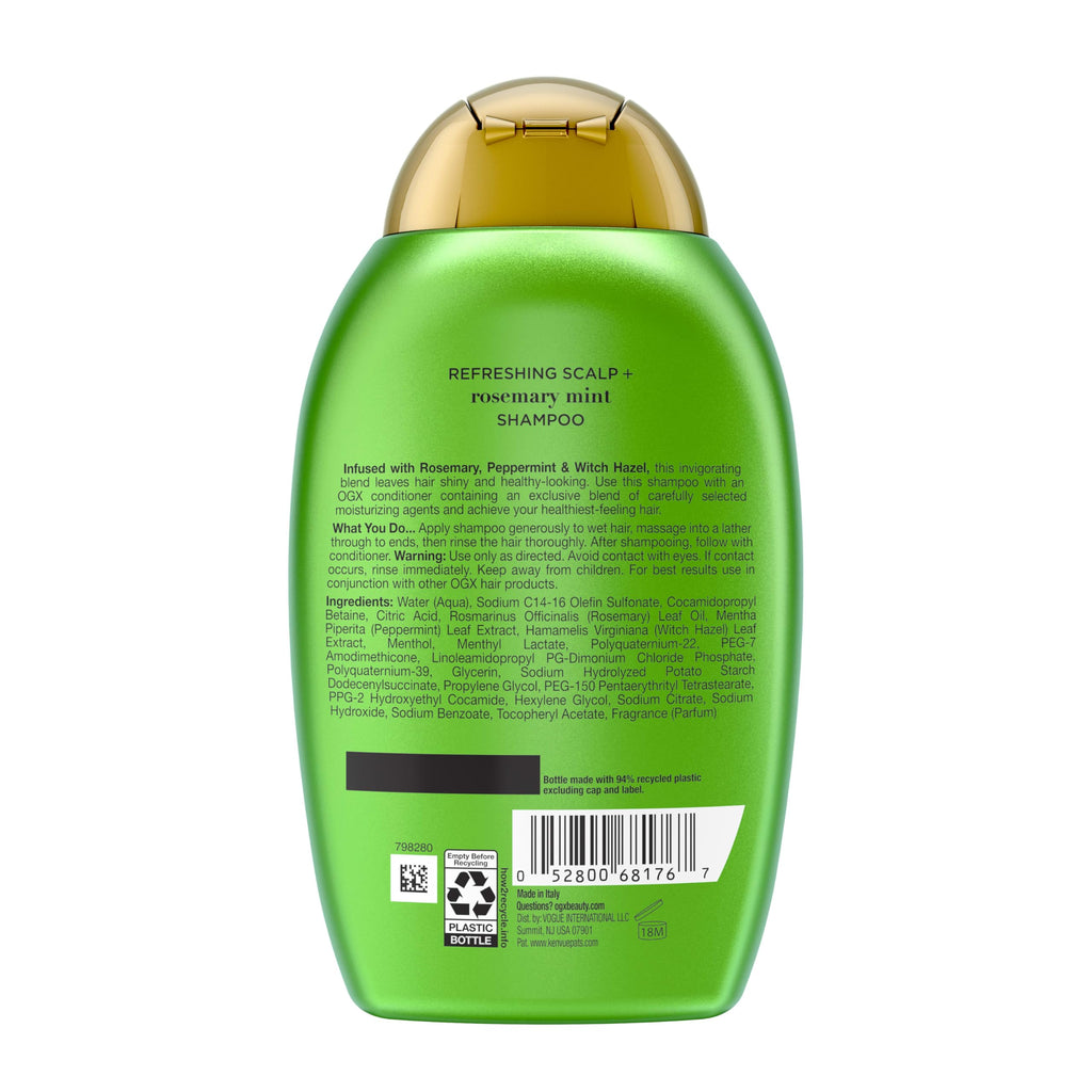 OGX Extra Strength Refreshing Scalp + Rosemary Mint Shampoo, Clarifying Shampoo for Oily Hair Visibly Helps Remove Oil & Residue to Clear Away Buildup, Sulfate-Free Surfactants, 13 fl. oz
