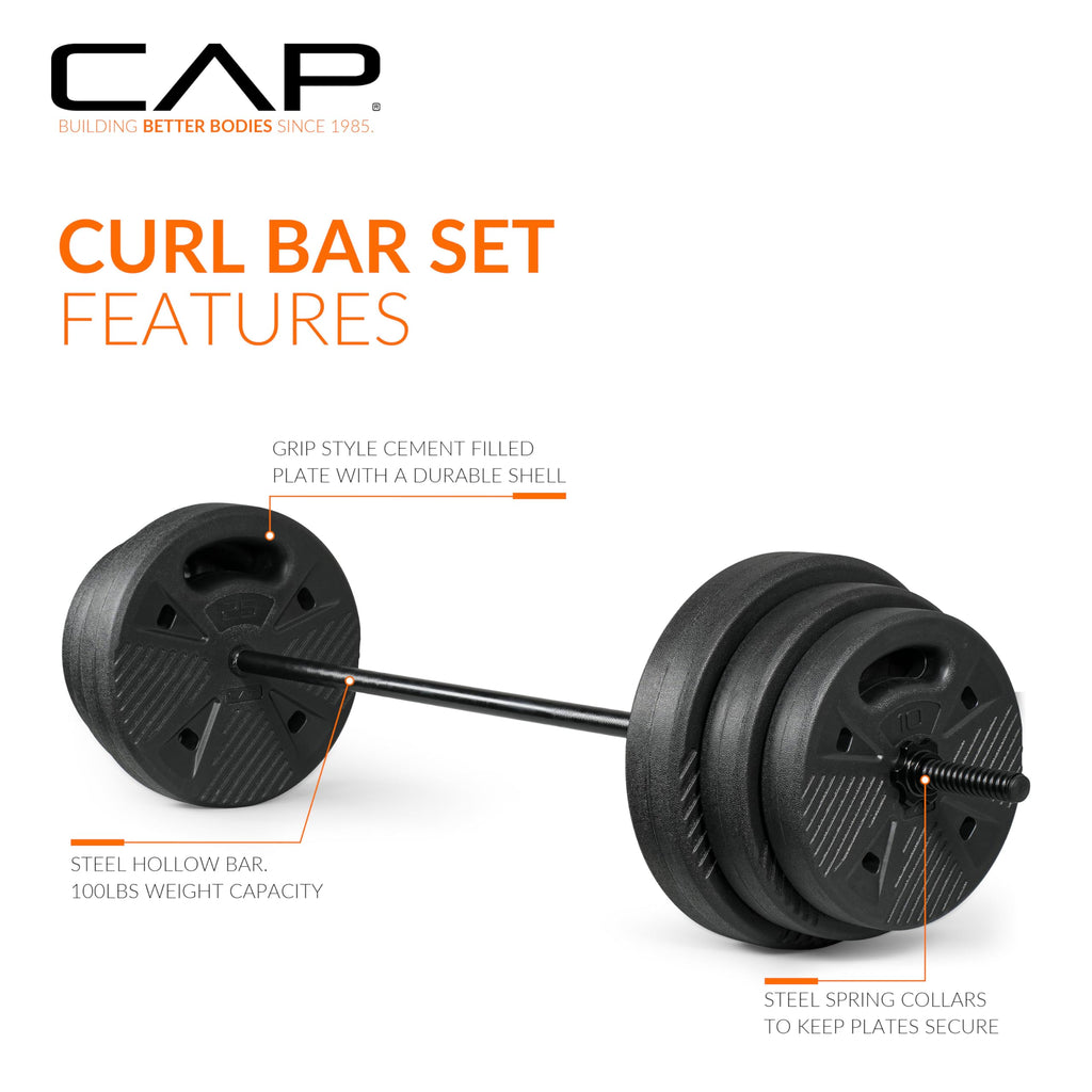 CAP Threaded Barbell Set with 100 LB Cement Grip Plates | 47" Threaded Bar, 25LB / 15LB / 10LB Grip Plates, Star Collars, Home Gym Weight Set for Strength Training