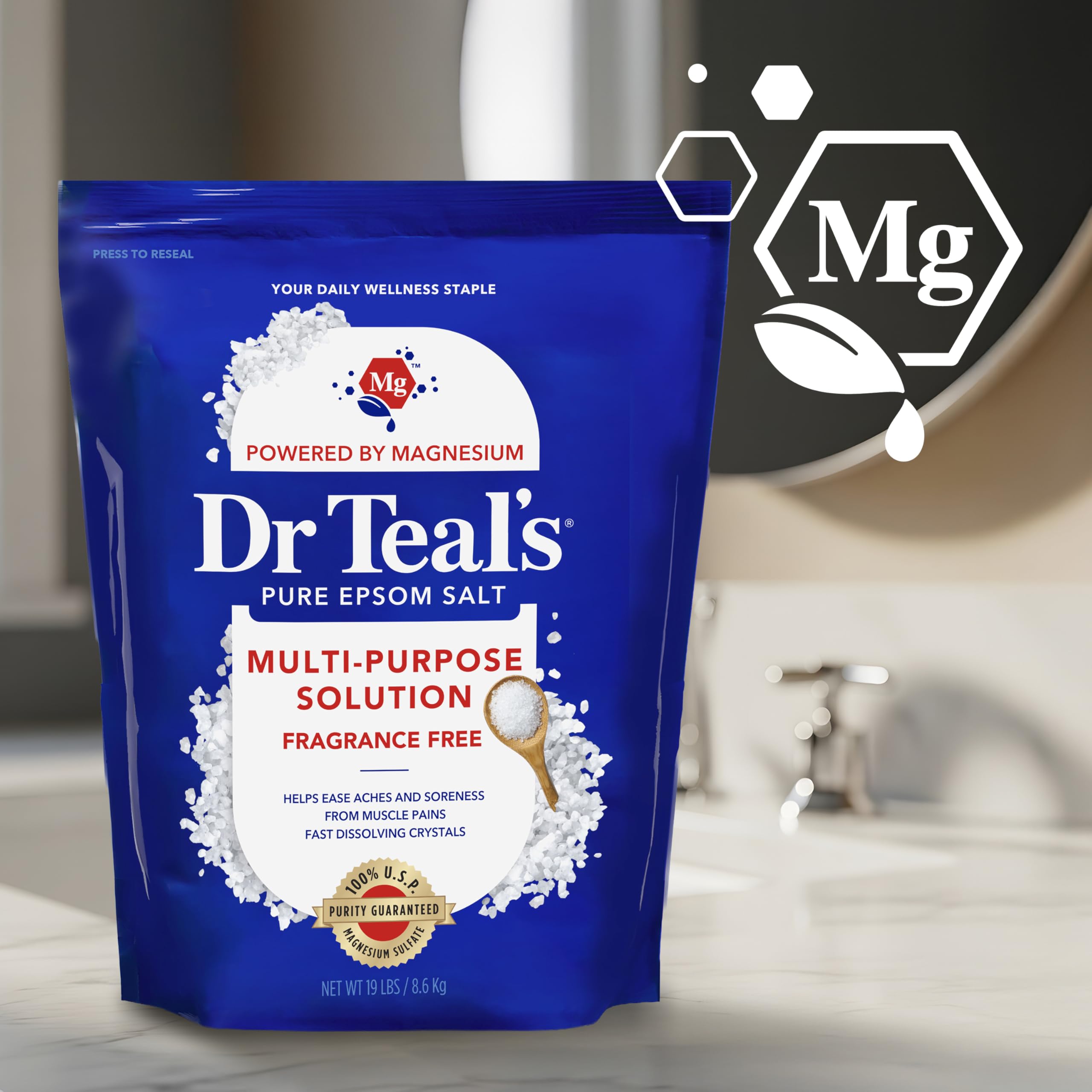 Dr Teal's Pure Epsom Salt Multipurpose Solution, Fragrance Free, Bulk Size - 19 lbs