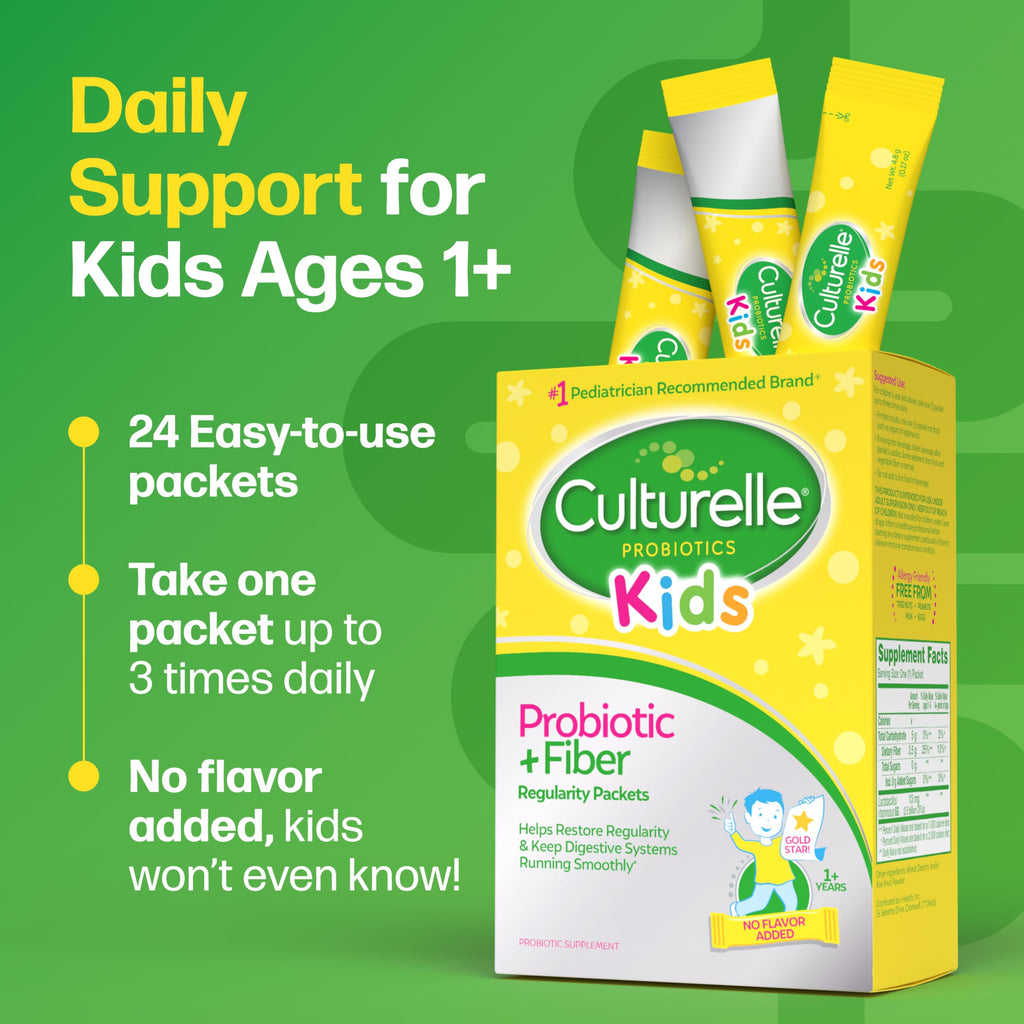 Culturelle Kids Probiotic + Fiber Packets, Ages 1+, Unflavored, 24 Count | From the #1 Pediatrician-Recommended Brand± Digestive Health & Immune Support, Help Restore Regularity*, Children & Toddlers