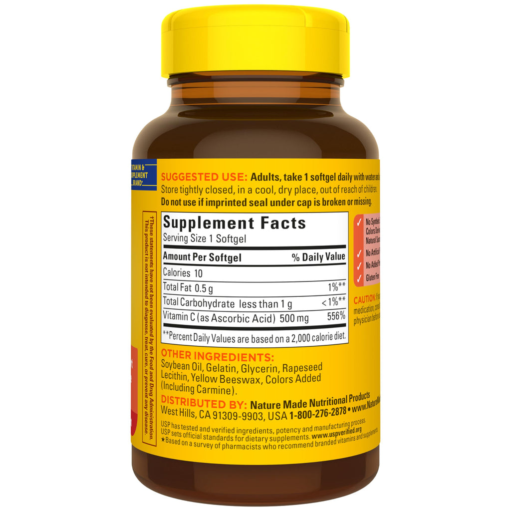 Nature Made Vitamin C 500 mg for Daily Immune Support, 60 Softgels | Dietary Vitamin C Supplement for Immune Support and Antioxidant Support, 60 Day Supply