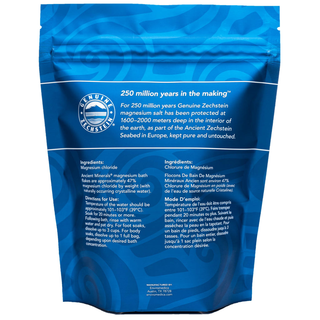 Ancient Minerals Magnesium Bath Flakes, Epsom Salt Alternative, 1.65lb | Pure Zechstein magnesium chloride flakes for soaking & whole-body replenishment. 1.65 lb resealable bag.