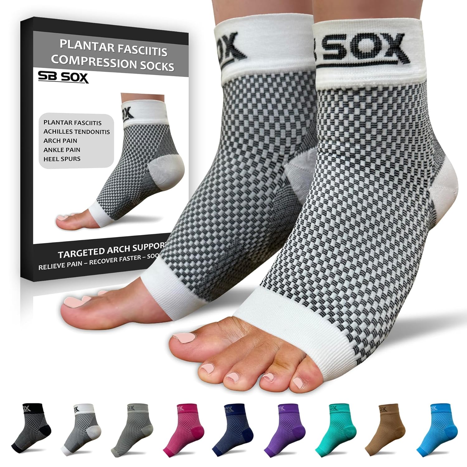 Buy now SB SOX Plantar Fasciitis Relief Socks â€“ Ankle Brace Compression Sleeve â€“ Arch Support for Foot Pain, Swelling, Heel Spurs â€“ Foot Brace for Achilles Tendonitis Relief, Injury Recovery (Blue, Medium) Large White at indiglob india