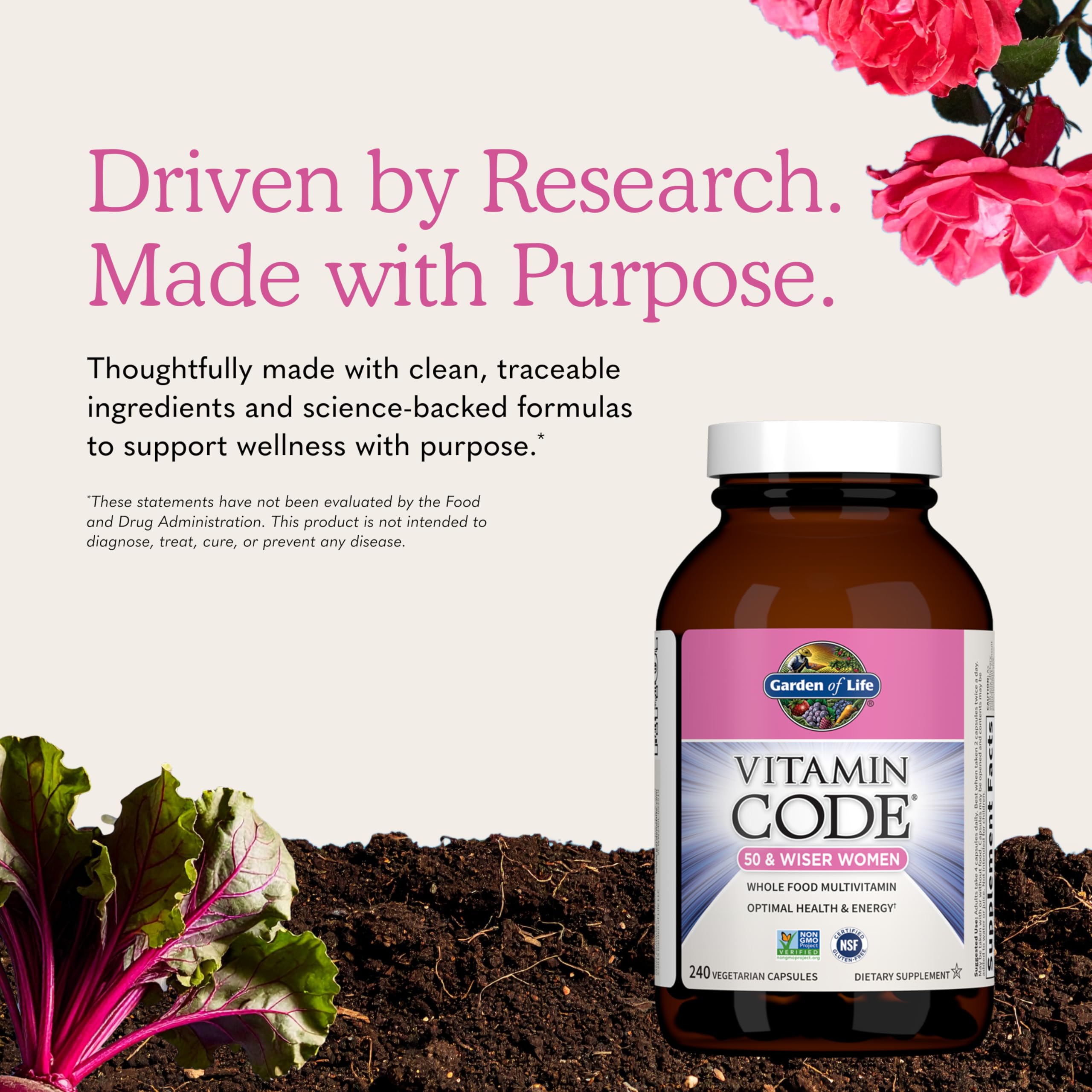 Garden of Life Vitamin Code Multivitamin for Women 50 & Over, 240 Capsules, Vitamins for Women 50 Plus with B Vitamins, Vitamins A, C, D3, E & K, CoQ10, Probiotics & Enzymes