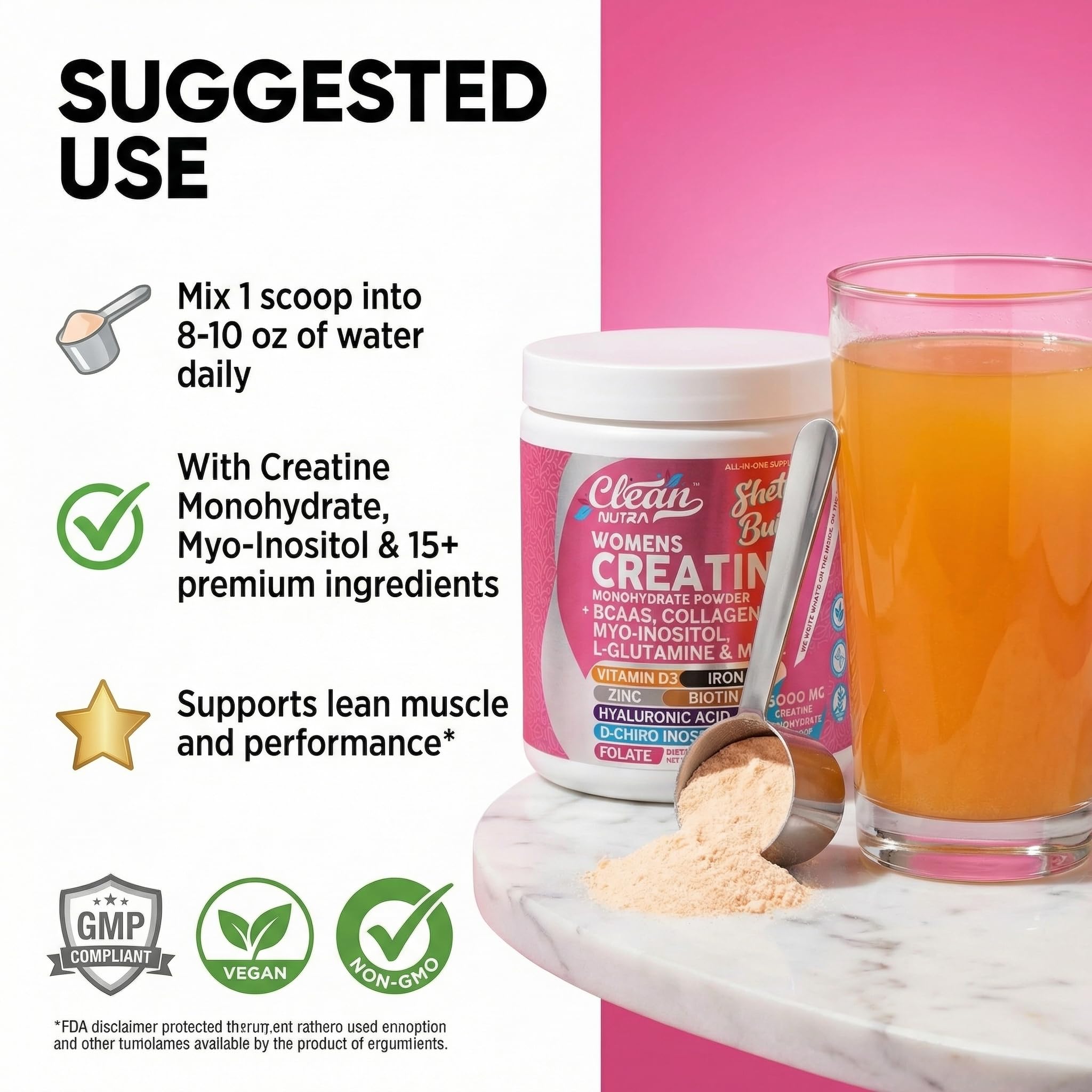 Creatine for Women | Creatine Monohydrate + BCAA Powder Myo-Inositol Collagen Biotin Hyaluronic Acid Folate L Glutamine Vitamin D3 Iron Zinc D-Chiro-Maca Digestion Shelf Builder By Clean Nutra