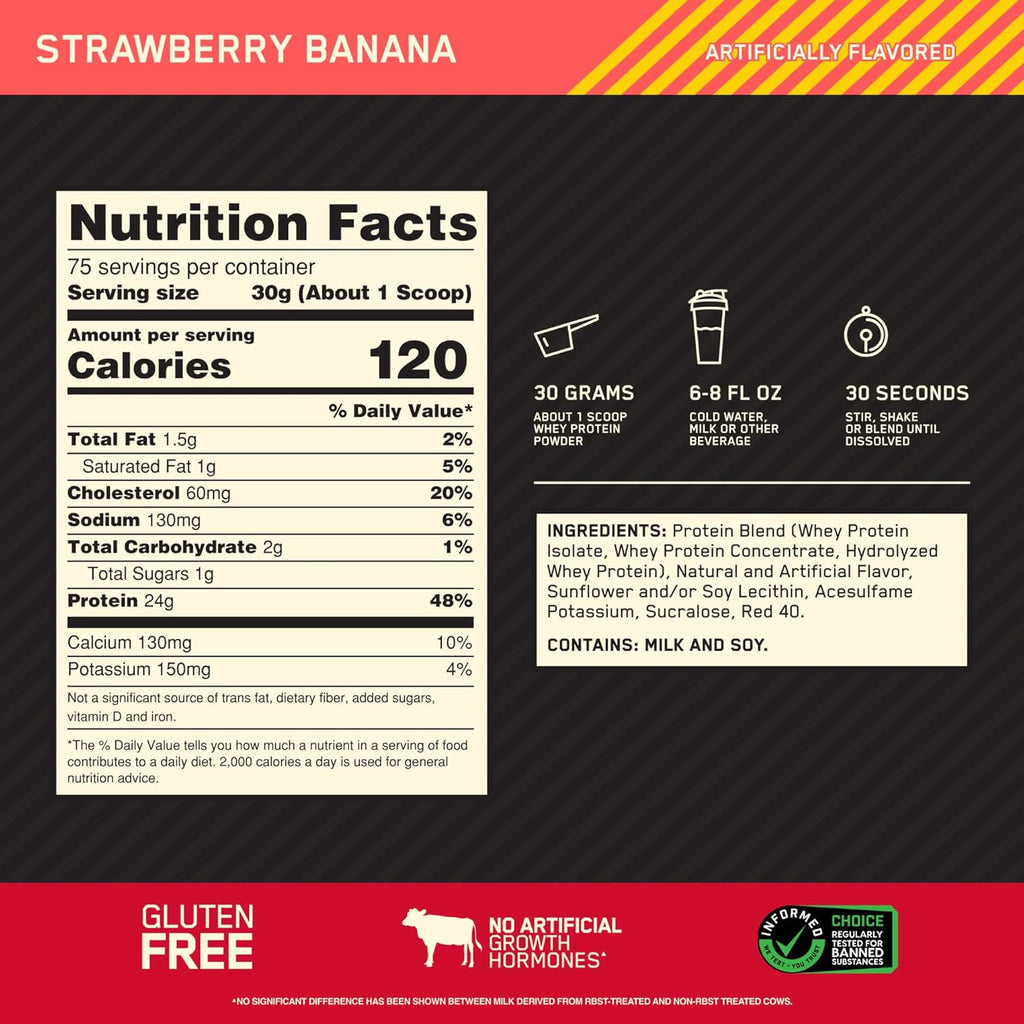 Buy now Optimum Nutrition Gold Standard 100% Whey Protein Powder, Strawberry Banana, 5 Pound (Packaging May Vary) at indiglob india