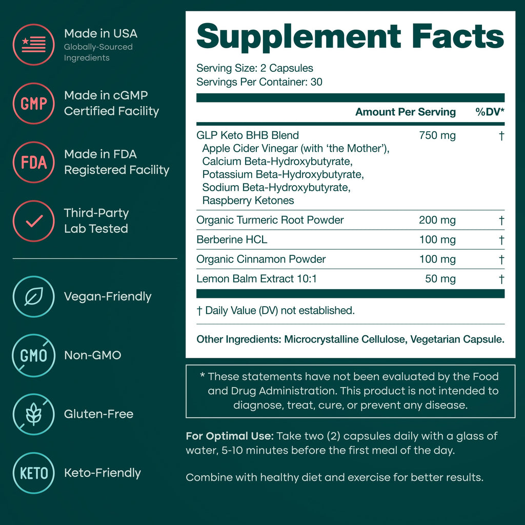GLP-1 Supplement for Appetite Support with BHB Ketones, ACV, Berberine HCL