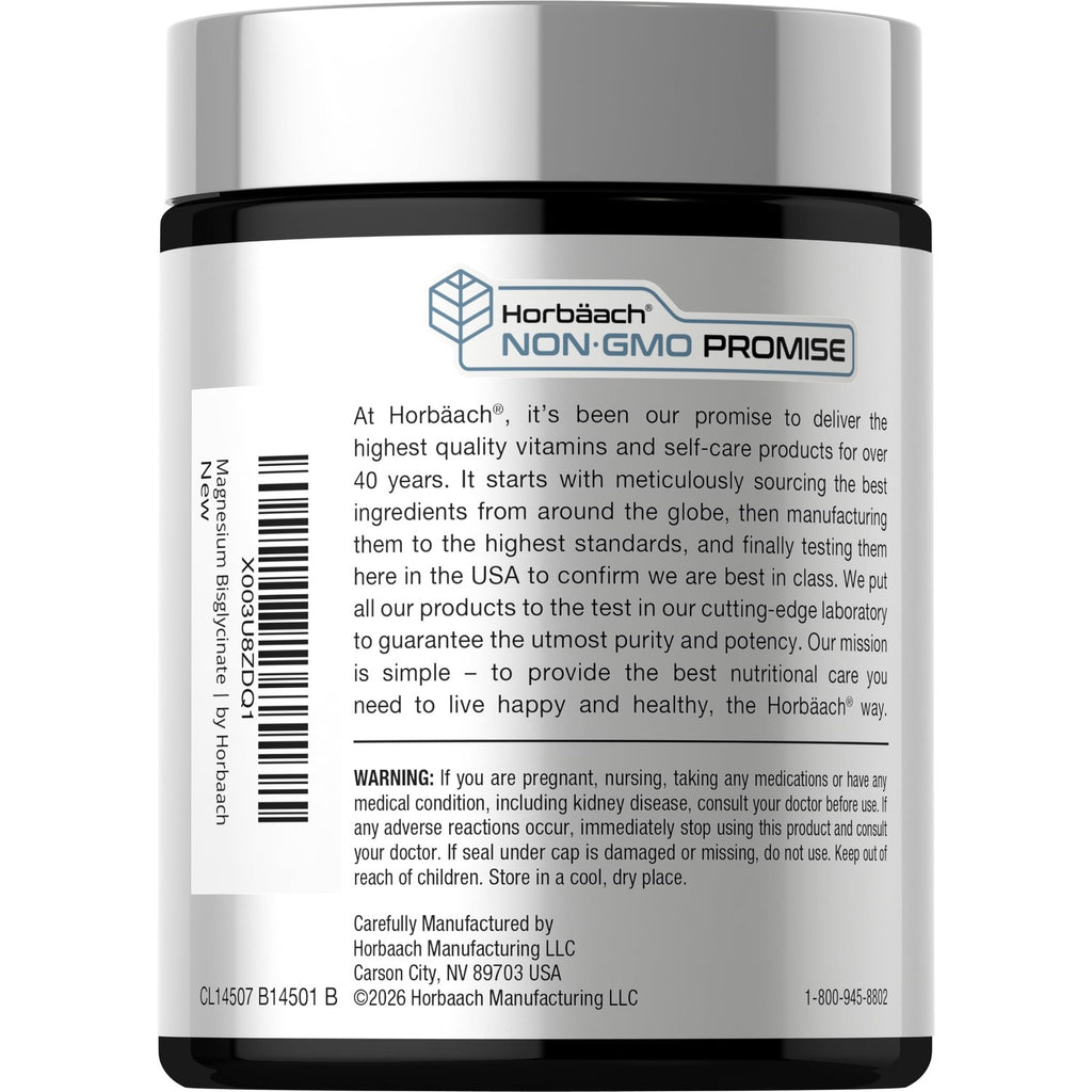 Horbäach Magnesium Bisglycinate | 120 Capsules | 750mg | Non-GMO and Gluten Free Supplement