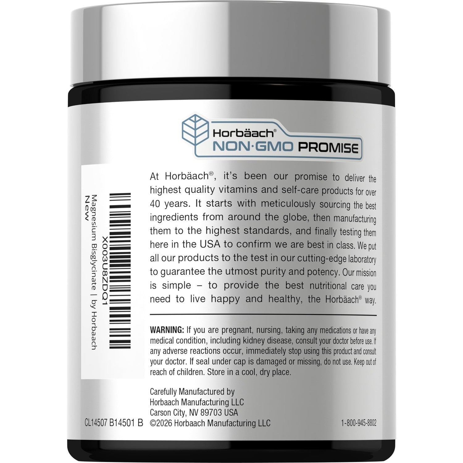 Horbäach Magnesium Bisglycinate | 120 Capsules | 750mg | Non-GMO and Gluten Free Supplement