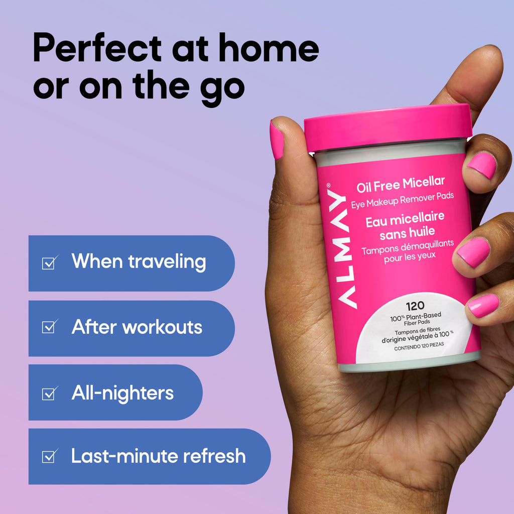 Almay Oil-Free Micellar Eye Makeup Remover Pads, 120 Count | Micellar eye makeup remover pads gently wipe away all traces of eye makeup without leaving behind any greasy residue.