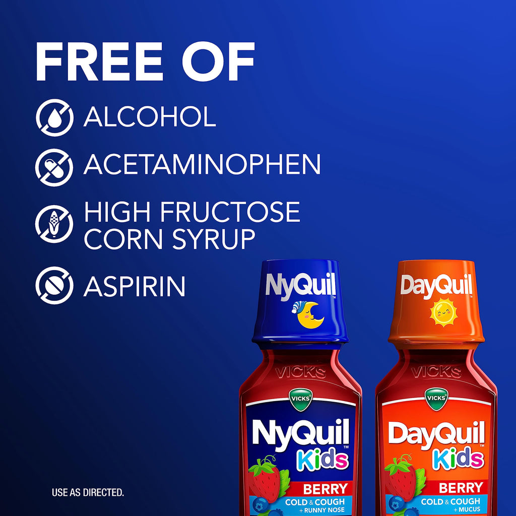 Buy now VICKS Kids DayQuil & NyQuil Berry Cold & Cough Medicine Co-Pack, Daytime & Nighttime Relief of Multiple Symptoms, Great-Tasting Berry Flavor, Free of Alcohol & Acetaminophen, for Ages 6+, 2x8oz at indiglob india