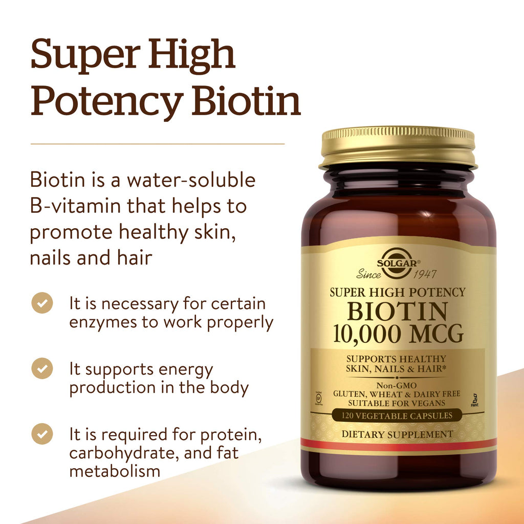 Solgar Biotin 10,000 mcg, 120 Vegetable Capsules - Non-GMO, Gluten Free | Helps Support Hair and Skin - 120 Capsules