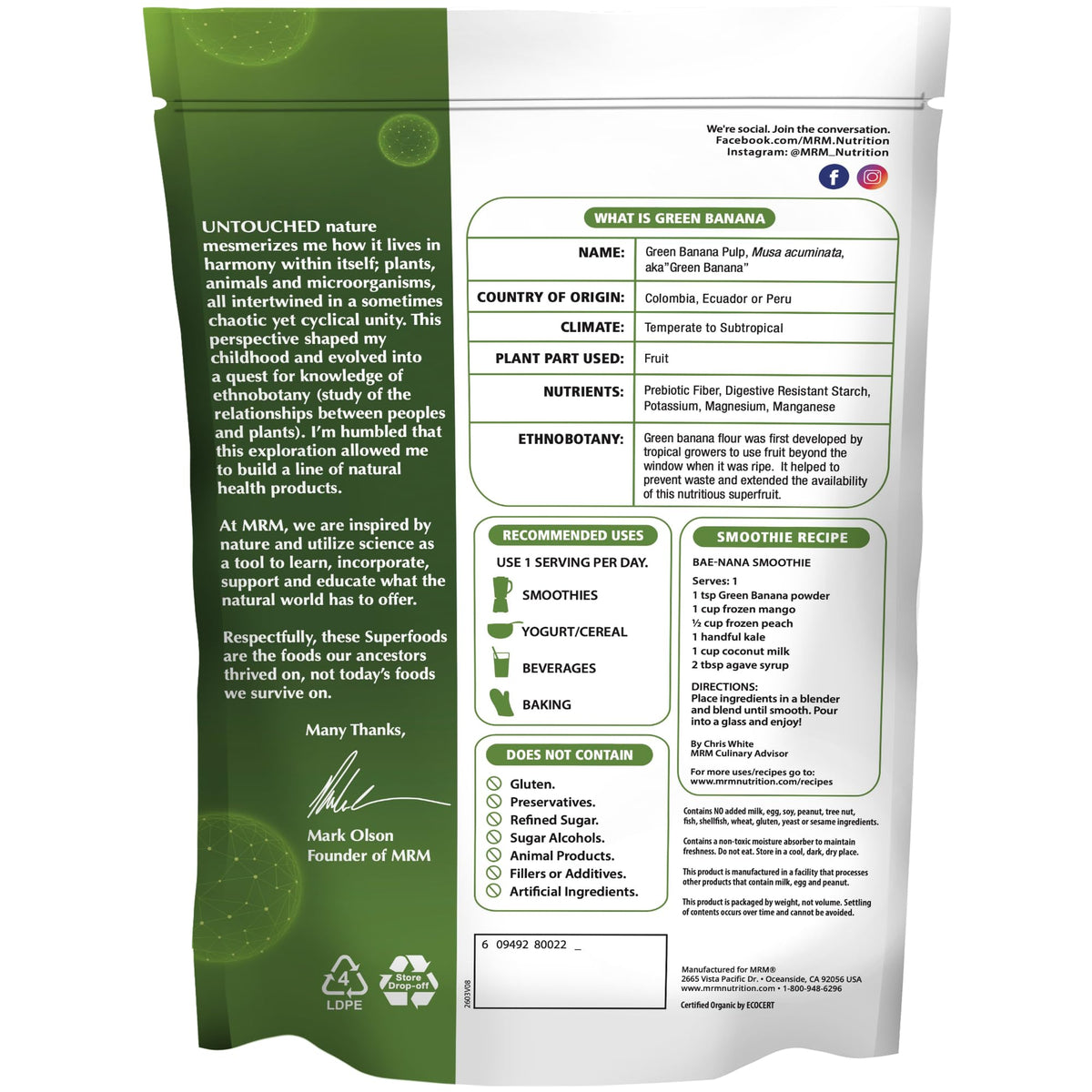 MRM Organic Green Banana Powder Superfood - Prebiotic Fiber - 40 Servings