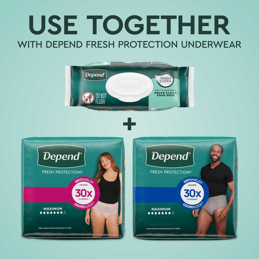 Depend XL Disposable Washcloths for Adults, 8 Packs, 42 Wipes per Pack