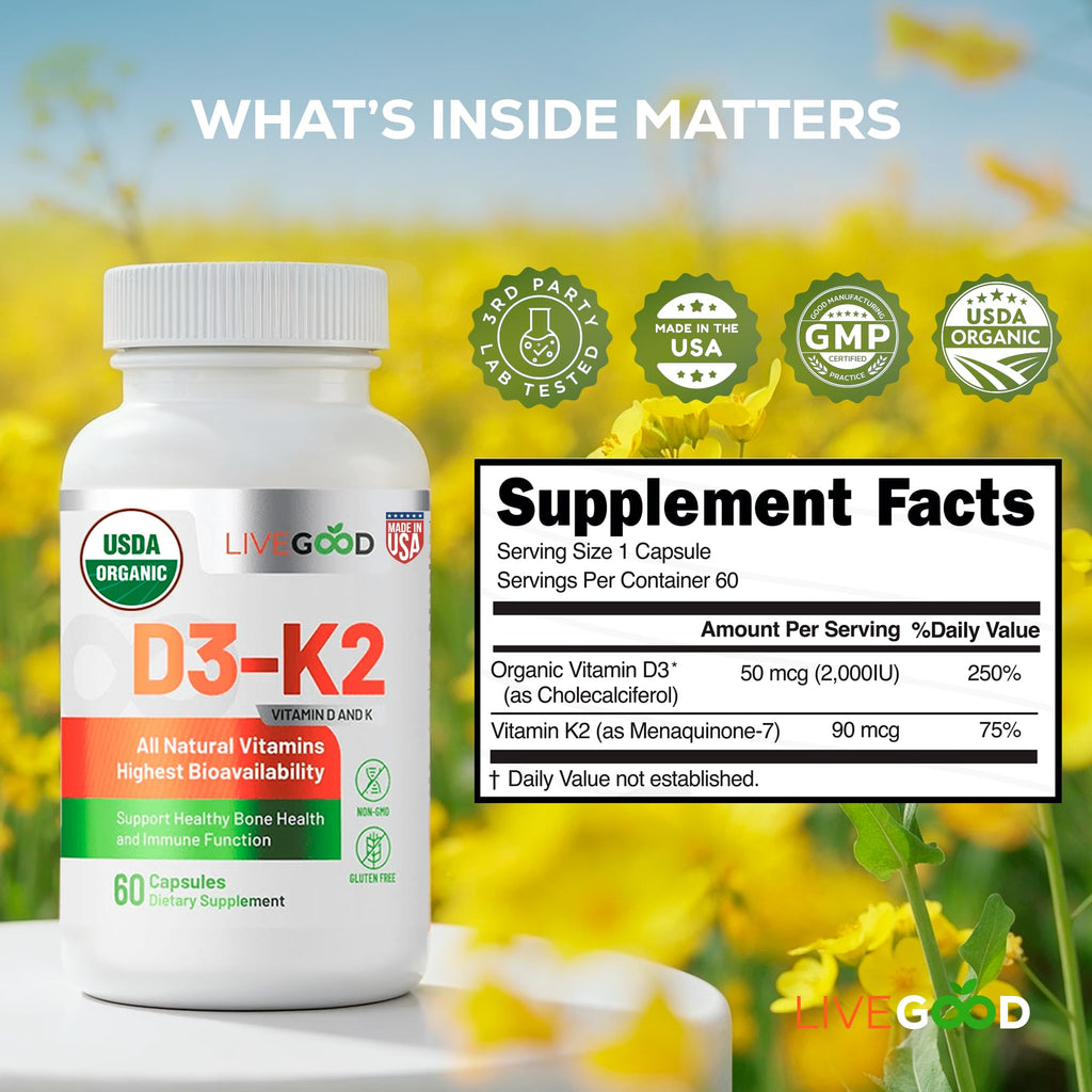 LiveGood Vitamin D3 K2 2000 IU, Organic Vegan D3 K2 Supplement with MK-7