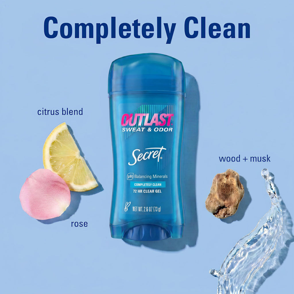 Secret Outlast Antiperspirant Deodorant for Women, 72hr Sweat & Odor Protection, PH Balancing Minerals, Pro-Hyaluronic Acid, Clear Gel, Completely Clean Scent, 2.6 oz (Pack of 2)