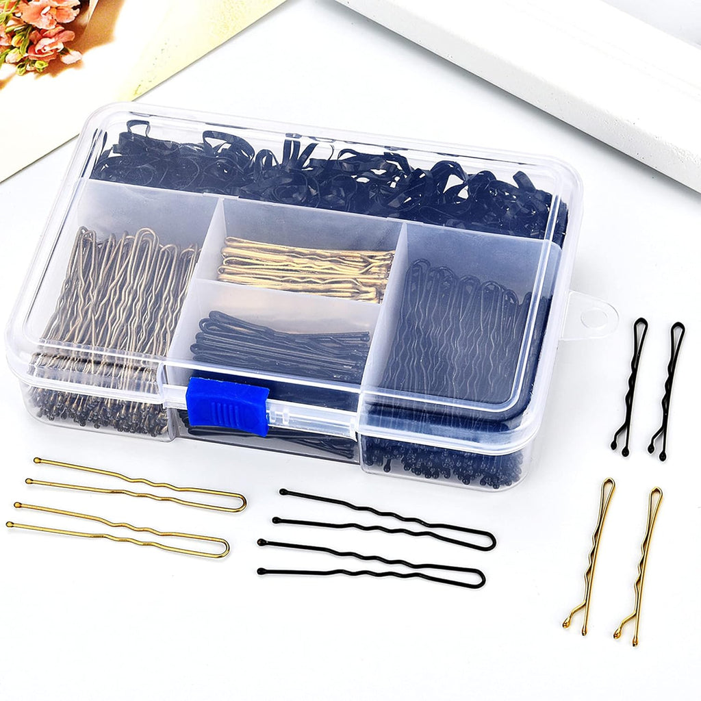 Buy now Hicarer 300 Pcs Hair Pins Set Including 100 Pcs Bobby Pins 100 Pcs U Hair Pins and 100 Pcs Rubber Hair Bands with Storage Box for All Hair Types Girls Women Gift, Black and Gold at indiglob india