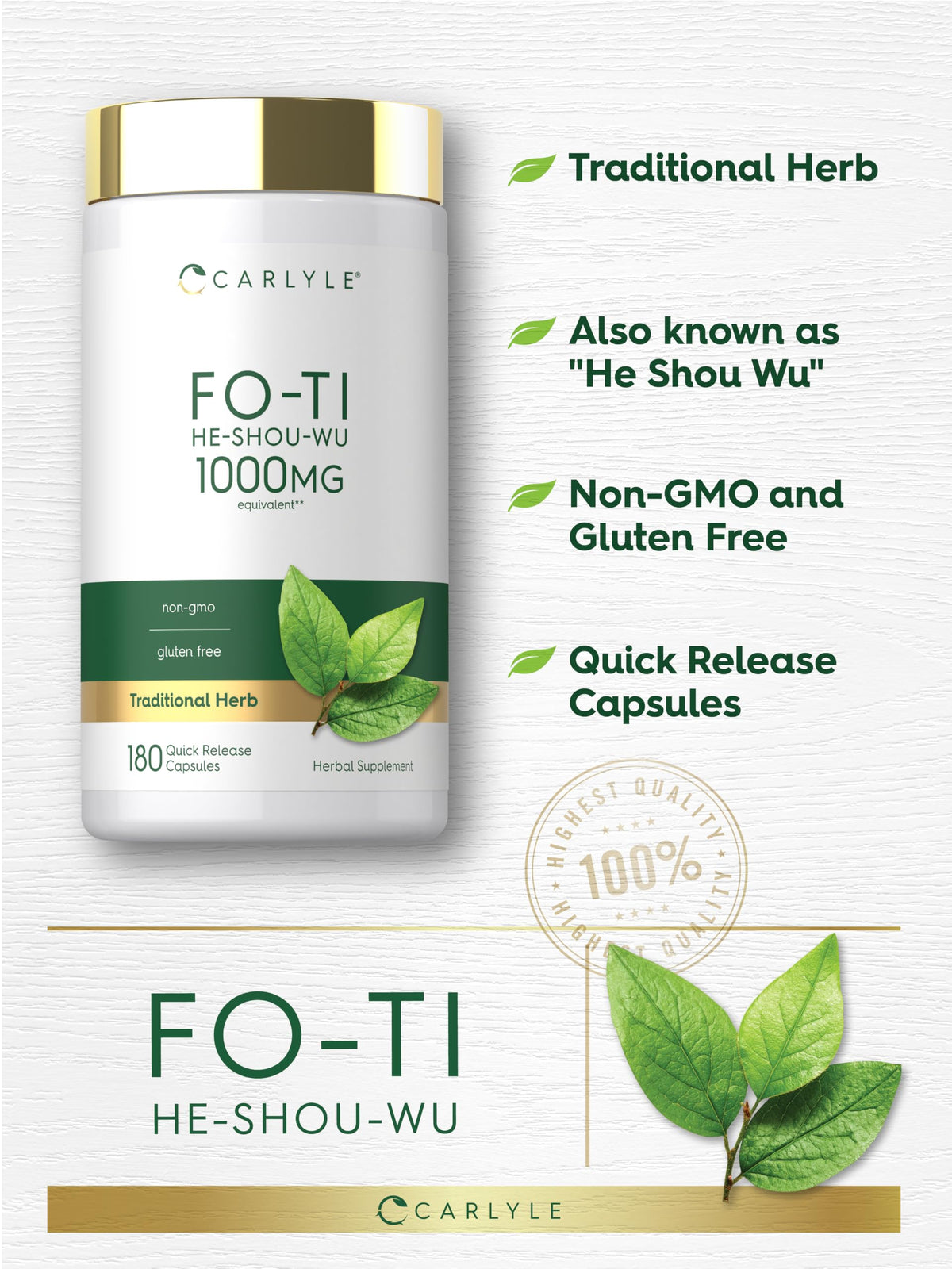 Carlyle Fo-Ti Supplement | 180 Capsules | He-Shou-Wu Root Extract
