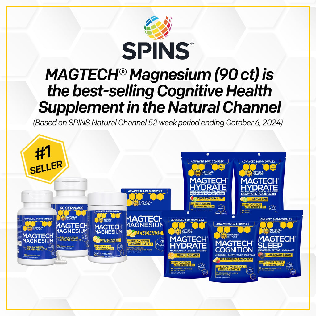 MagTech Magnesium Complex Glycinate, L-Threonate and Taurate, 90 Capsules | Advanced 3 in 1 200mg Chelated Triple Blend w/ Magtein - Supports Relaxation & Brain Health for Women & Men - Natural Stacks