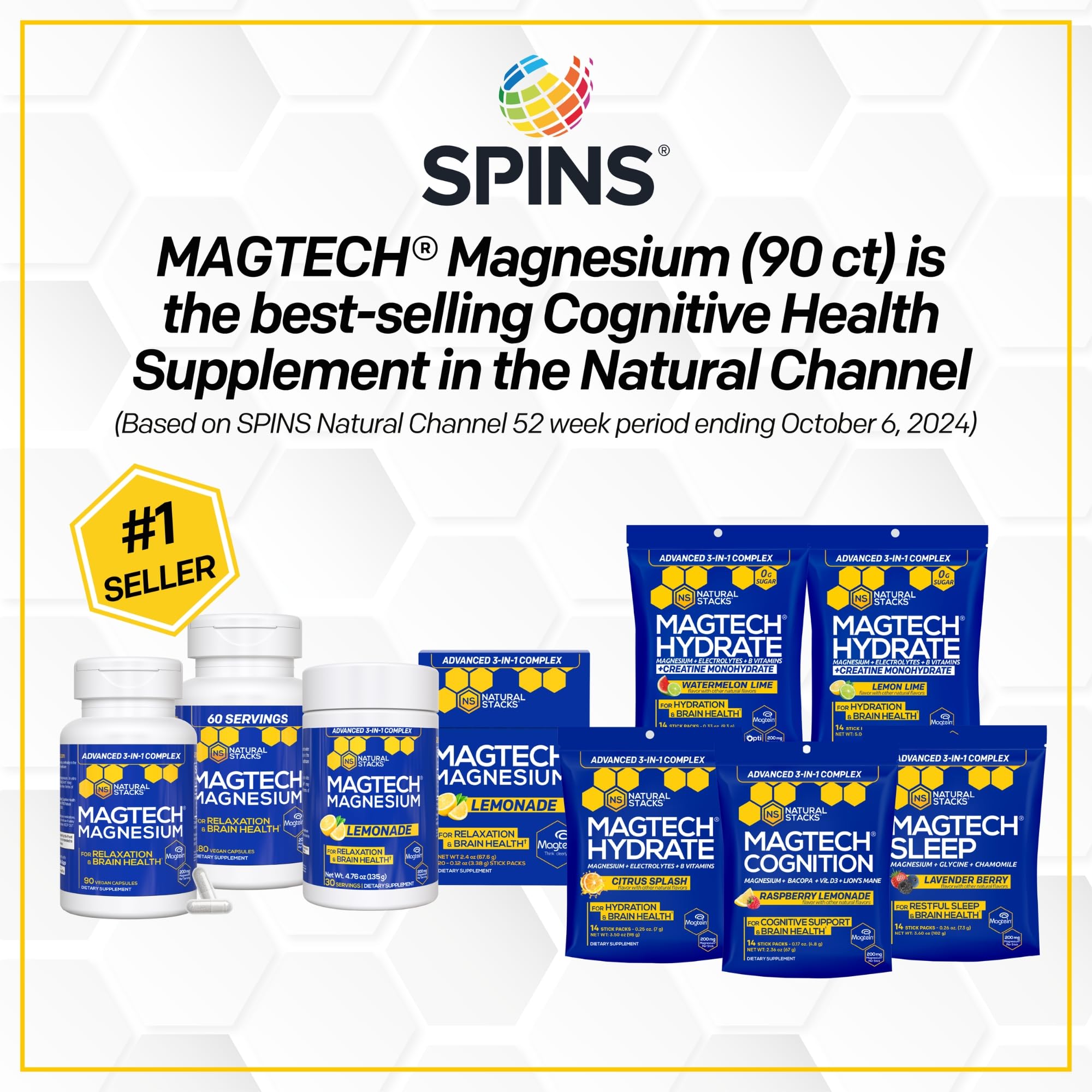 MagTech Magnesium Complex Glycinate, L-Threonate and Taurate, 90 Capsules | Advanced 3 in 1 200mg Chelated Triple Blend w/ Magtein - Supports Relaxation & Brain Health for Women & Men - Natural Stacks
