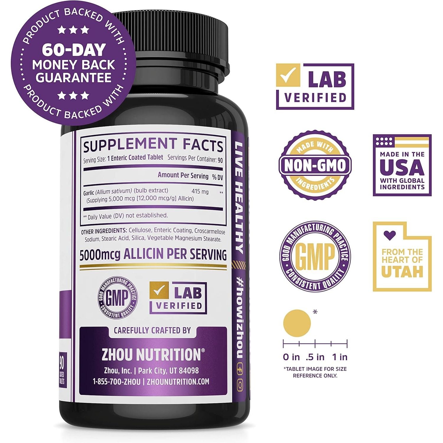Buy now Zhou Garlic with Allicin - Garlic Supplements, Odorless Garlic Extract Pills for Men & Women, 5000 mcg Allicin Per Tablet for Immune & Heart Health - 90 Coated Tablets (Pack of 1) at indiglob india
