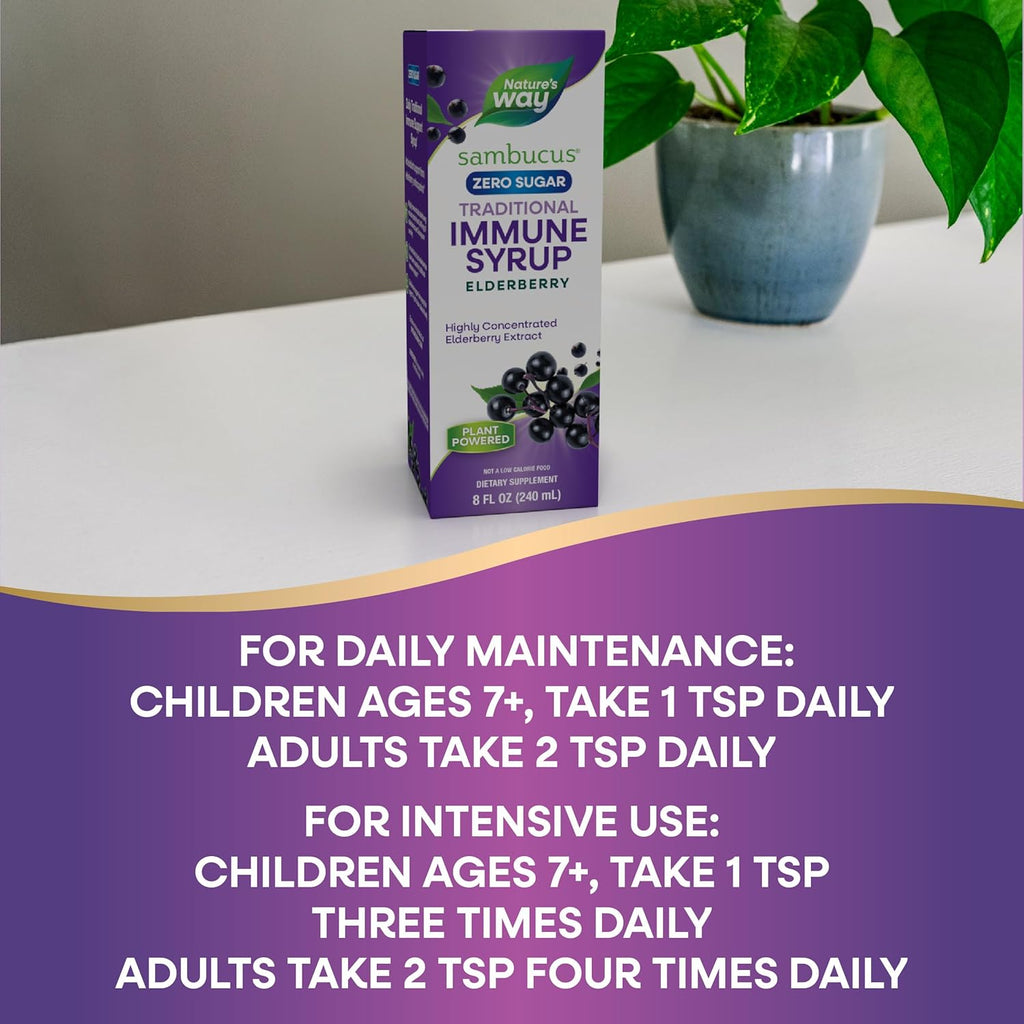 Buy now Natureâ€™s Way Sambucus Zero Sugar Traditional Immune Syrup, Highly Concentrated Black Elderberry Extract, Traditional Immune Support*, Sugar-Free, Berry Flavored, 8 Fl Oz (Packaging May Vary) at indiglob india