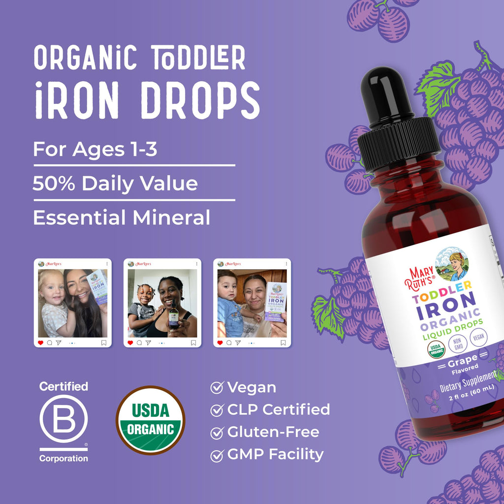 MaryRuth's Organic Toddler Liquid Iron Supplement, Sugar Free, Vegan, 2 oz | Ferrochel, Sugar Free, Vegan, Non-GMO, Gluten Free