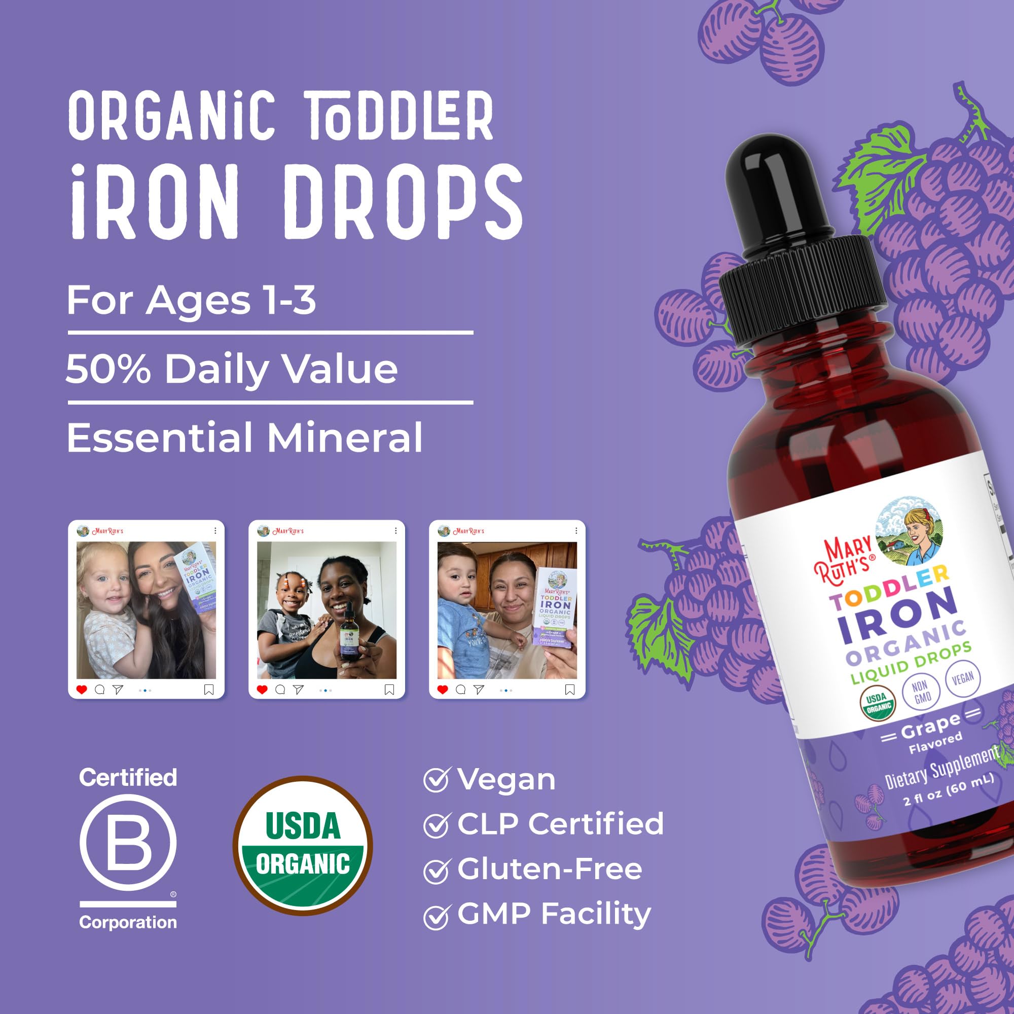 MaryRuth's Organic Toddler Liquid Iron Supplement, Sugar Free, Vegan, 2 oz | Ferrochel, Sugar Free, Vegan, Non-GMO, Gluten Free
