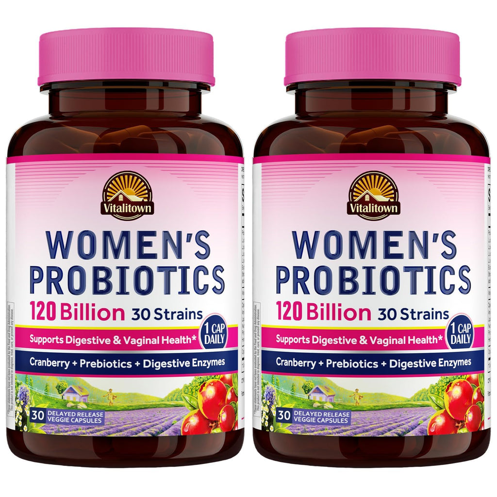 Vitalitown Probiotics for Women 120 Billion CFUs, 30 Strains, with Prebiotics & Digestive Enzymes & Cranberry, Gut & Vaginal Health, Vegan 30 (Pack of 1) Delayed Release Caps