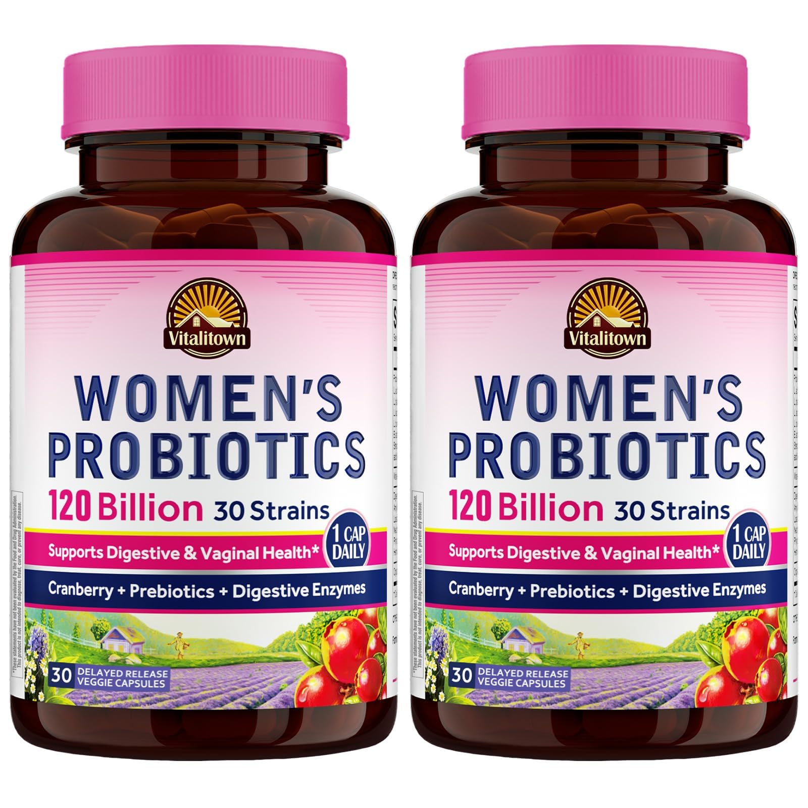 Vitalitown Probiotics for Women 120 Billion CFUs, 30 Strains, with Prebiotics & Digestive Enzymes & Cranberry, Gut & Vaginal Health, Vegan 30 (Pack of 1) Delayed Release Caps