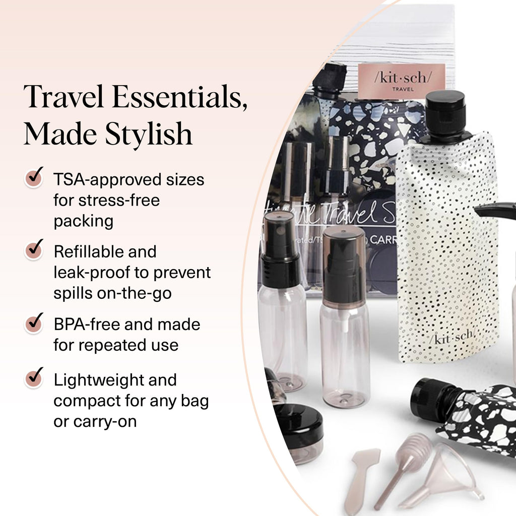 Buy now Kitsch 11 PCS Travel Bottles for Toiletries â€“ Travel Essentials Kit for Shampoo, Conditioner, Lotion & More - TSA Approved Travel Bottles, Leak-Proof Refillable Travel Size Containers - Black & Ivory at indiglob india