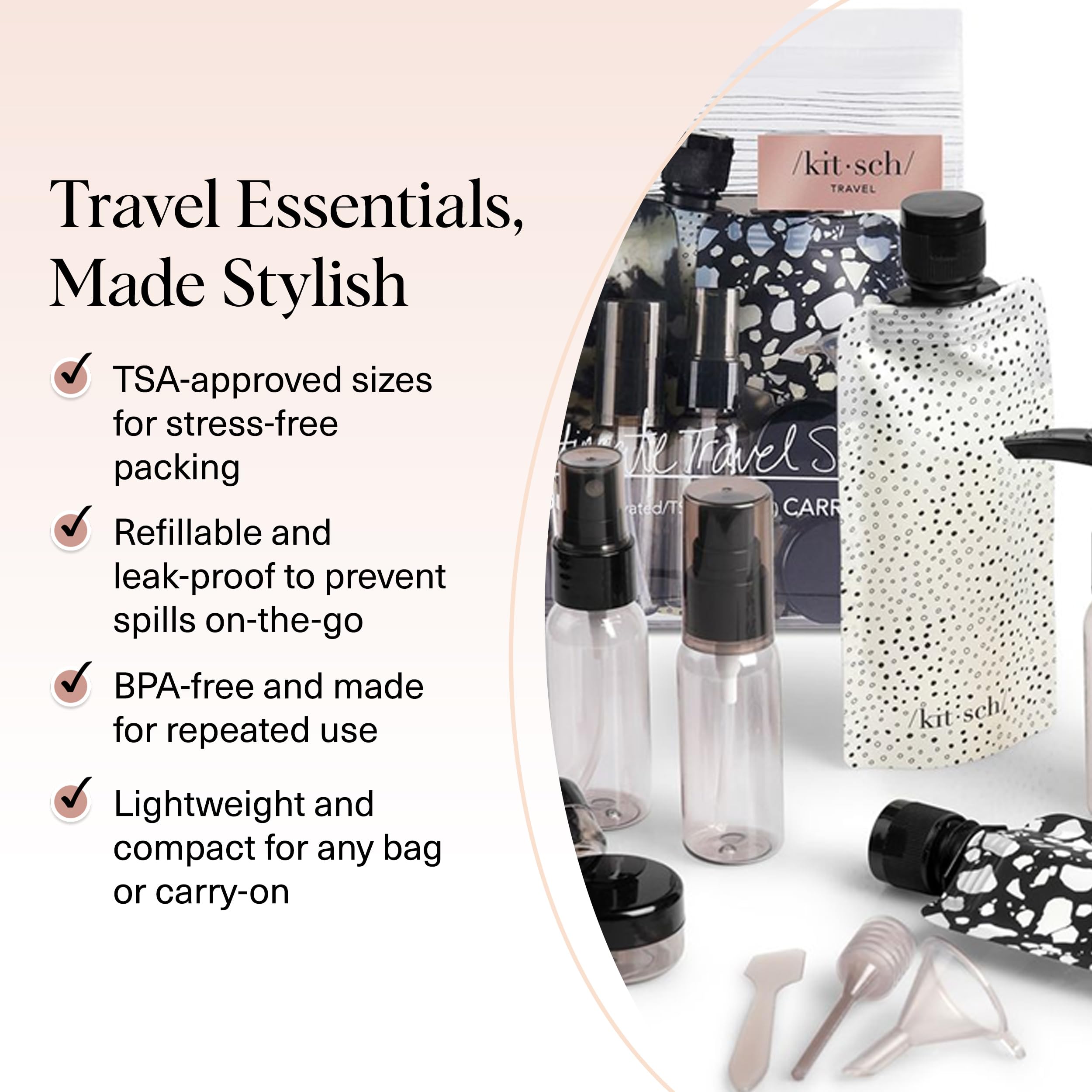 Buy now Kitsch 11 PCS Travel Bottles for Toiletries â€“ Travel Essentials Kit for Shampoo, Conditioner, Lotion & More - TSA Approved Travel Bottles, Leak-Proof Refillable Travel Size Containers - Black & Ivory at indiglob india