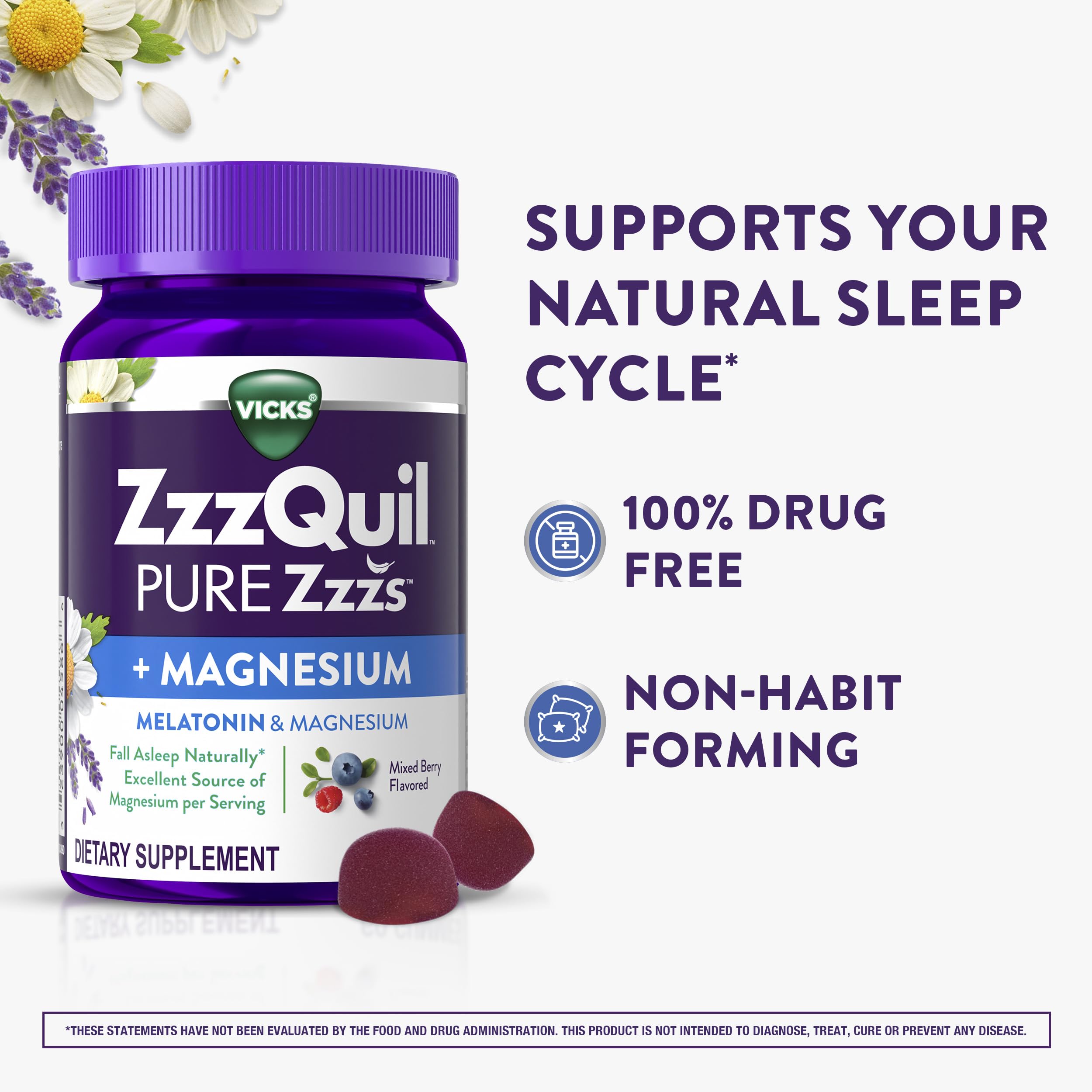 ZzzQuil Pure Zzzs + Magnesium, Sleep Aid, Magnesium Citrate and Melatonin Gummies, Melatonin 2mg, Sleep Aids for Adults, Mixed Berry Flavored, 60 Sleep Gummies