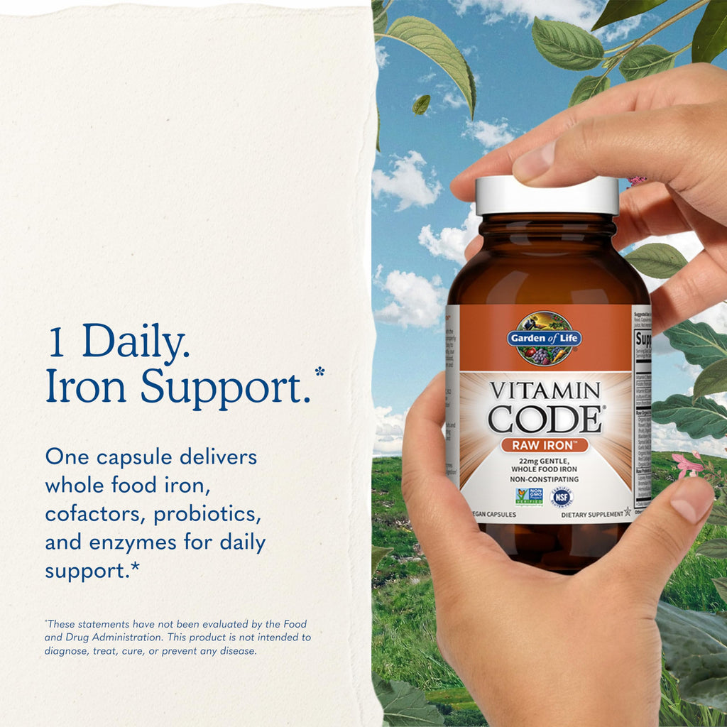 Garden of Life Vitamin Code Raw Iron Supplement - 30 Vegan Capsules, 22mg Once Daily Iron, Vitamins C, B12, Folate, Fruit, Veggies & Probiotics, Iron Supplements for Women, Energy & Anemia Support