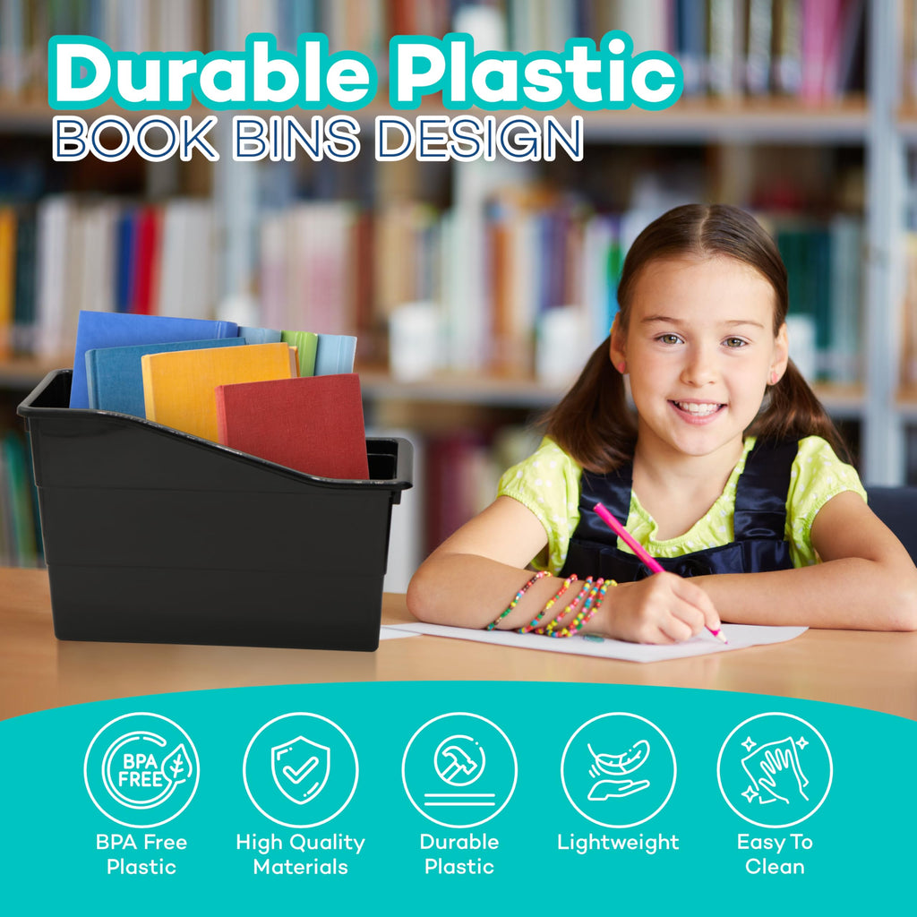 4E's Novelty 6 Durable Book and Binder Holder, Files Book Bins for Classroom, Plastic Vertical Storage Book Organizer Folder Office Classroom Organization Containers Supplies (With Labels)