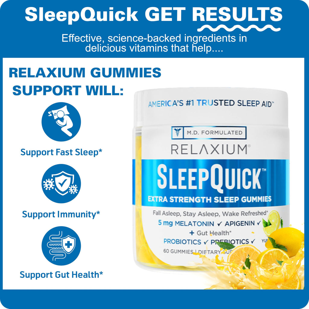 Relaxium SleepQuick Gummies, Sleep Aid, 5 mg Melatonin, D-3, Lemon, 60ct | Gut Health & Immune Support, Prebiotic Probiotic Blend, Gluten & Drug Free