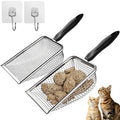2 Pack Cat Litter Scoop with 3.8mm & 5mm Mesh – Stainless Steel Kitten Litter Scoop with 2 Adhesive Hooks, Metal Cat Poop Scooper for All Litter Types, Efficient Sifting & Easy Cleaning for Litter Box