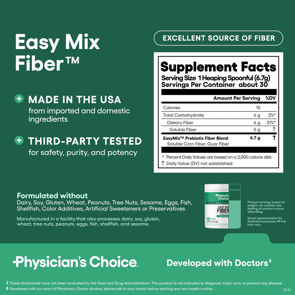 Physician's CHOICE Easy Mix Fiber for GLP-1 Support - No Grit & Sugar Free - Daily Prebiotic Soluble Fiber Powder Supplement - Digestive Health & Regularity - for Women and Men - Unflavored - 7.1oz