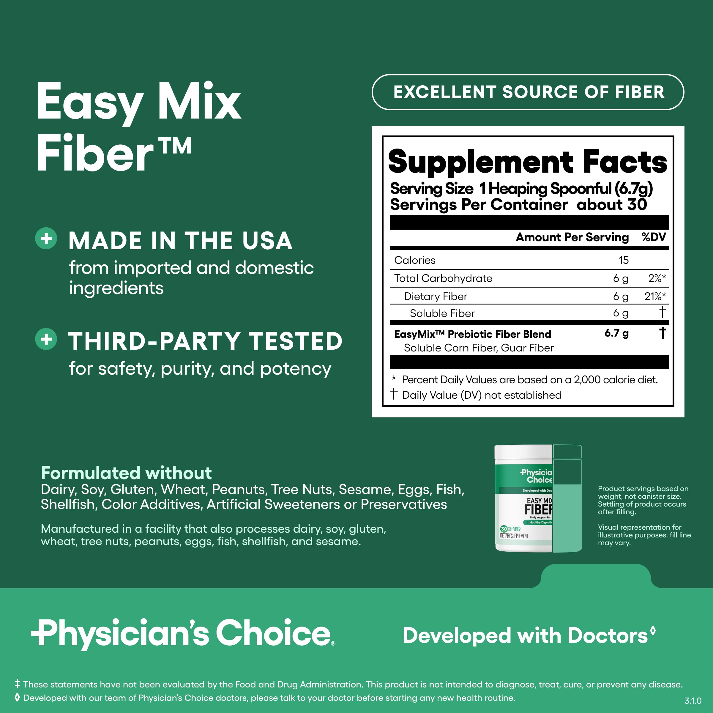 Physician's CHOICE Easy Mix Fiber for GLP-1 Support - No Grit & Sugar Free - Daily Prebiotic Soluble Fiber Powder Supplement - Digestive Health & Regularity - for Women and Men - Unflavored - 7.1oz