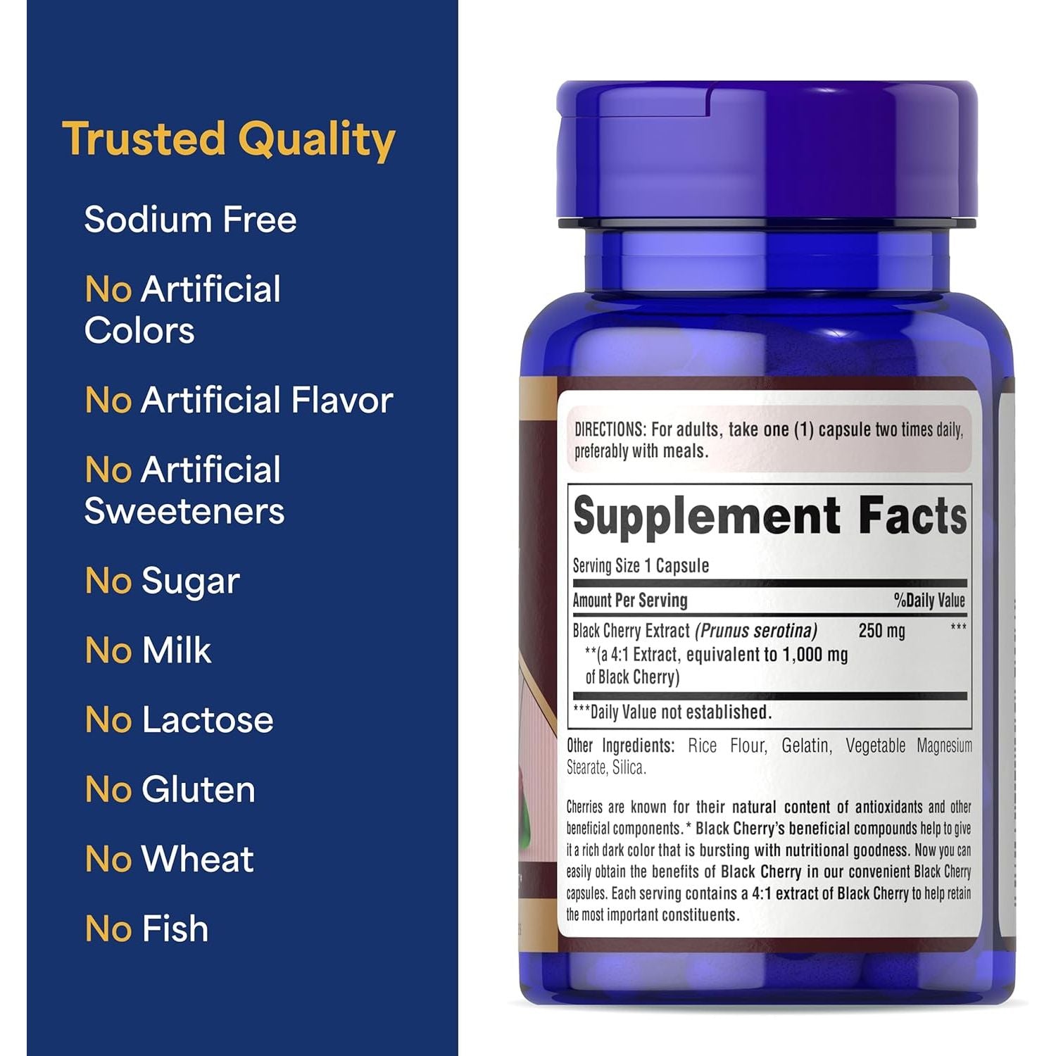 Buy now Puritan's Pride Black Cherry Concentrated Extract 250 mg (1000mg Equivalent), Dietary Supplement for General Wellness and Healthy Lifestyle*, 50 Day Supply, 100 Rapid Release Capsules at indiglob india