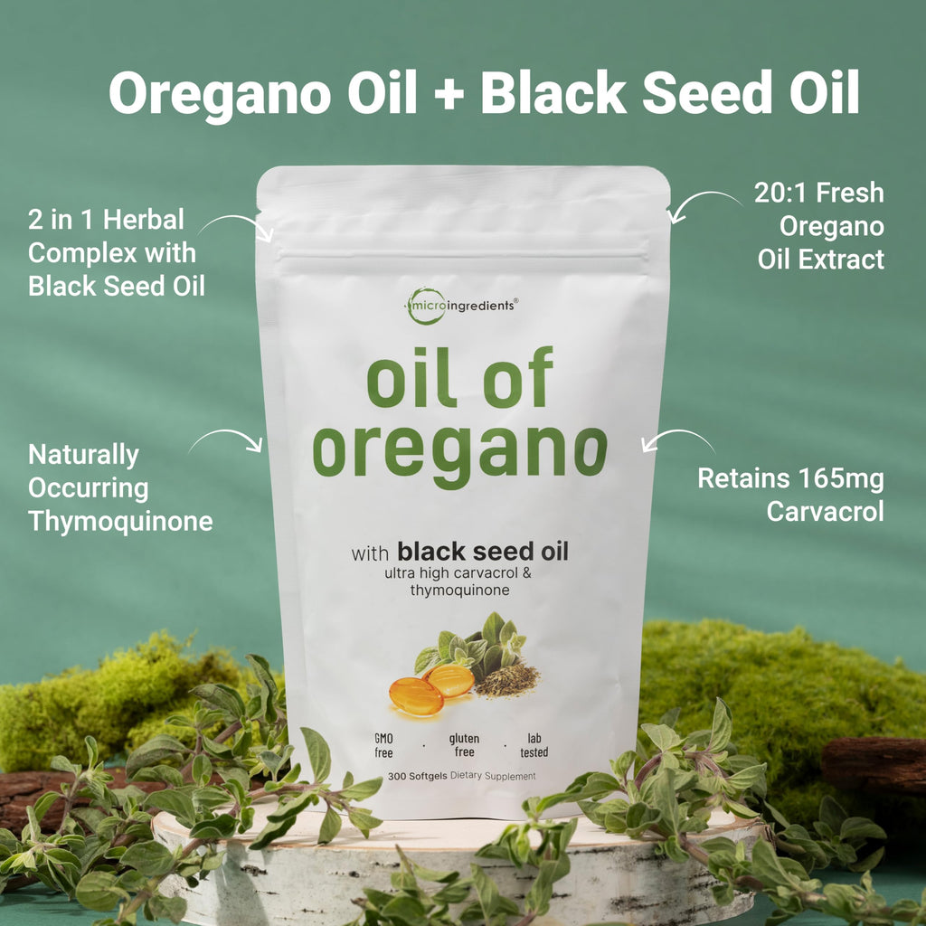 Micro Ingredients Oil of Oregano with Black Seed Oil, 300 Softgels | Naturally Occurring Carvacrol & Thymoquinone. 2-in-1 Oregano Oil Supplement. Non-GMO, Gluten Free, 3rd Party Tested.