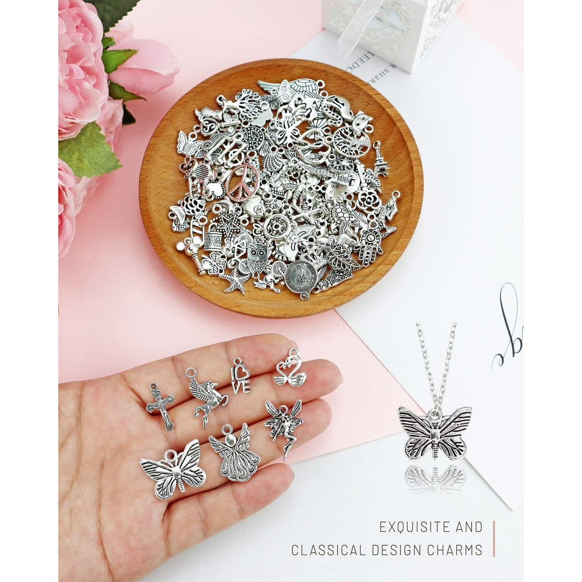 JIALEEY Wholesale Bulk Lots Jewelry Making Silver Charms Mixed Smooth Tibetan Silver Metal Charms Pendants DIY for Necklace Bracelet Jewelry Making and Crafting, 100 PCS