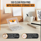 150 Count Clear Thumb Tacks for Wall, Flat Head Push Pins in Reusable Box