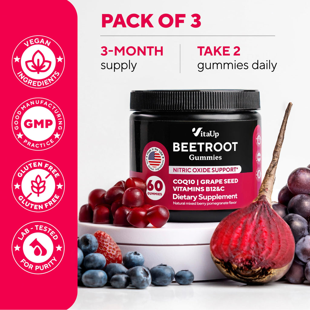 Beet Root Gummies – Beetroot Gummies with CoQ10, Grape Seed, Vitamin C, B12 & B3 – Beets Gummies for Circulation, Energy & Immune Support – 60 Beets Chews – Pack of 3