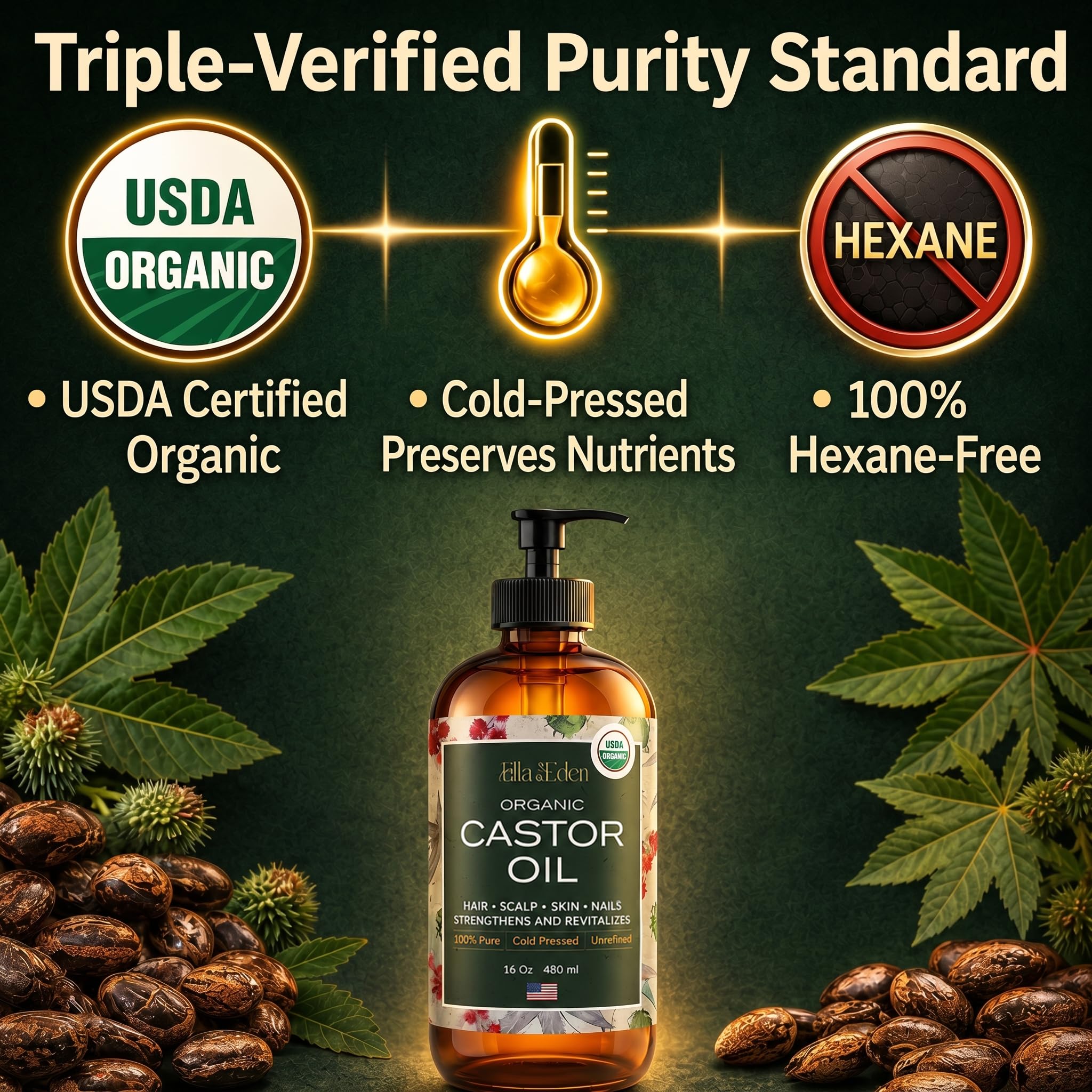 USDA Organic Castor Oil, 100% Pure Cold-Pressed Hexane-Free, 16 Oz | For Hair Growth, Stomach, Fuller Lashes & Brows, Skin Nourishment – Ricinoleic Fatty Acids, Unrefined, Glass Bottle with Pump