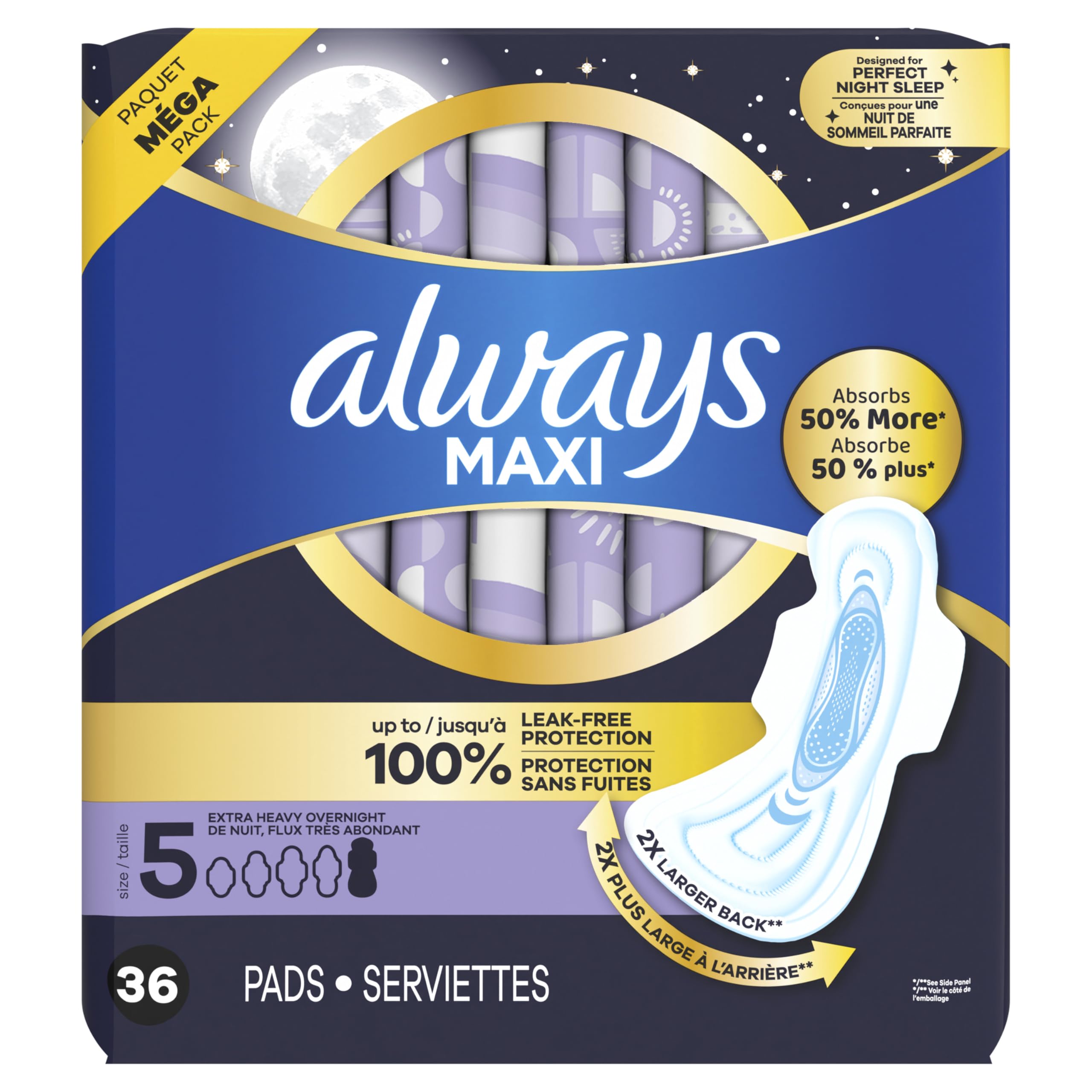 Buy now Always Maxi Overnight Pads with Wings for Women, Size 5, Extra Heavy Overnight Absorbency, Unscented, 36 Count at indiglob india