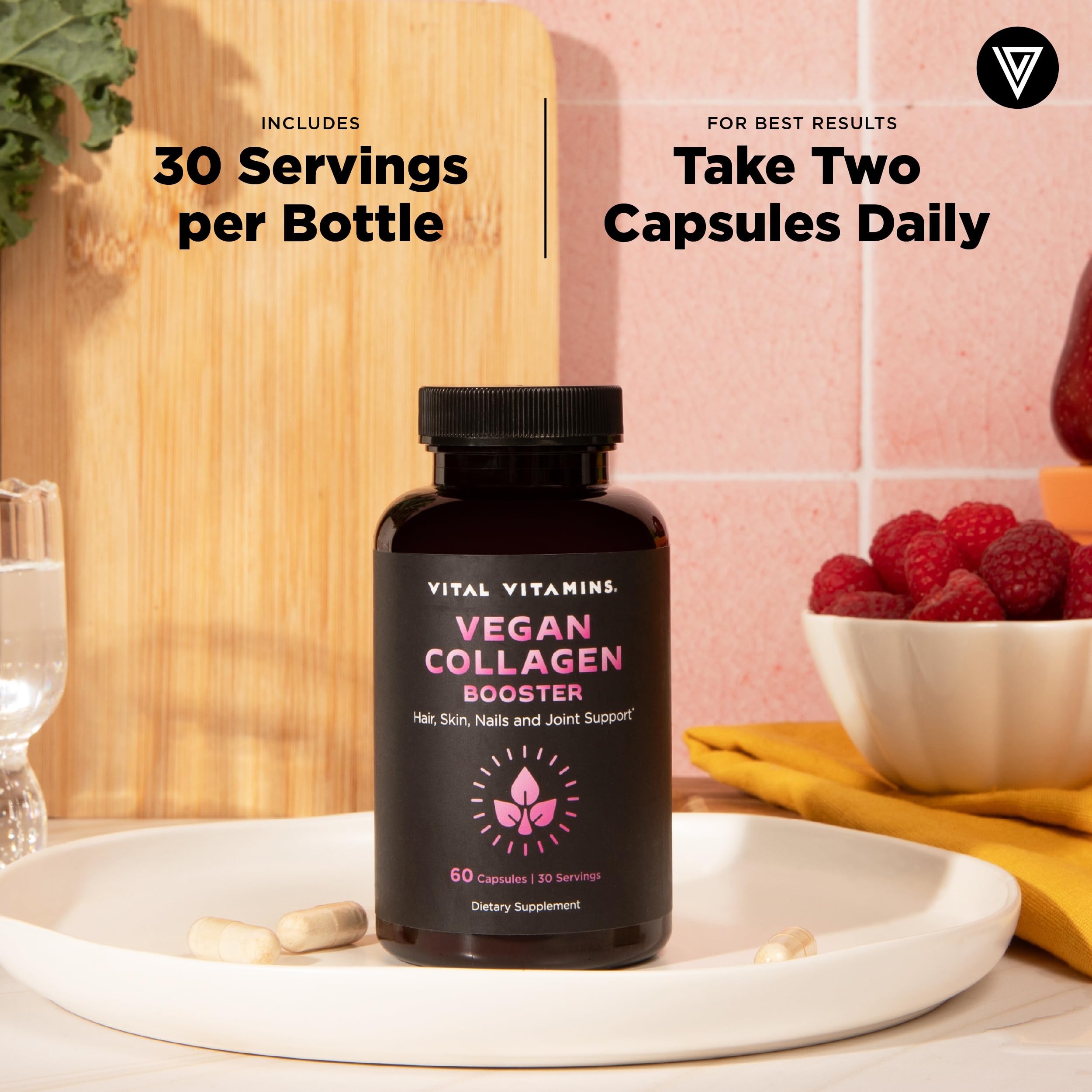 Vital Vitamins Vegan Collagen Booster Supplements, 60 Capsules | Supports Skin, Hair, Nails & Joints, Formulated with 30+ Superfoods, Hyaluronic Acid, Silica & Vitamin A, Non-GMO
