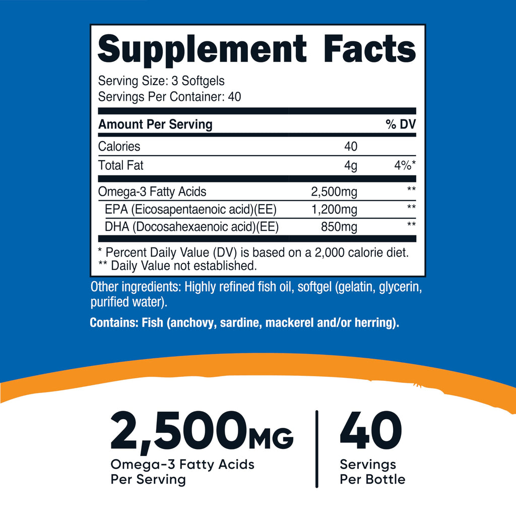 Nutricost Omega 3 Fish Oil (2500MG) 120 Softgels, 40 Servings | Fish Oil, Wild Caught! 1200mg EPA 850mg DHA, GMO-Free, Gluten Free