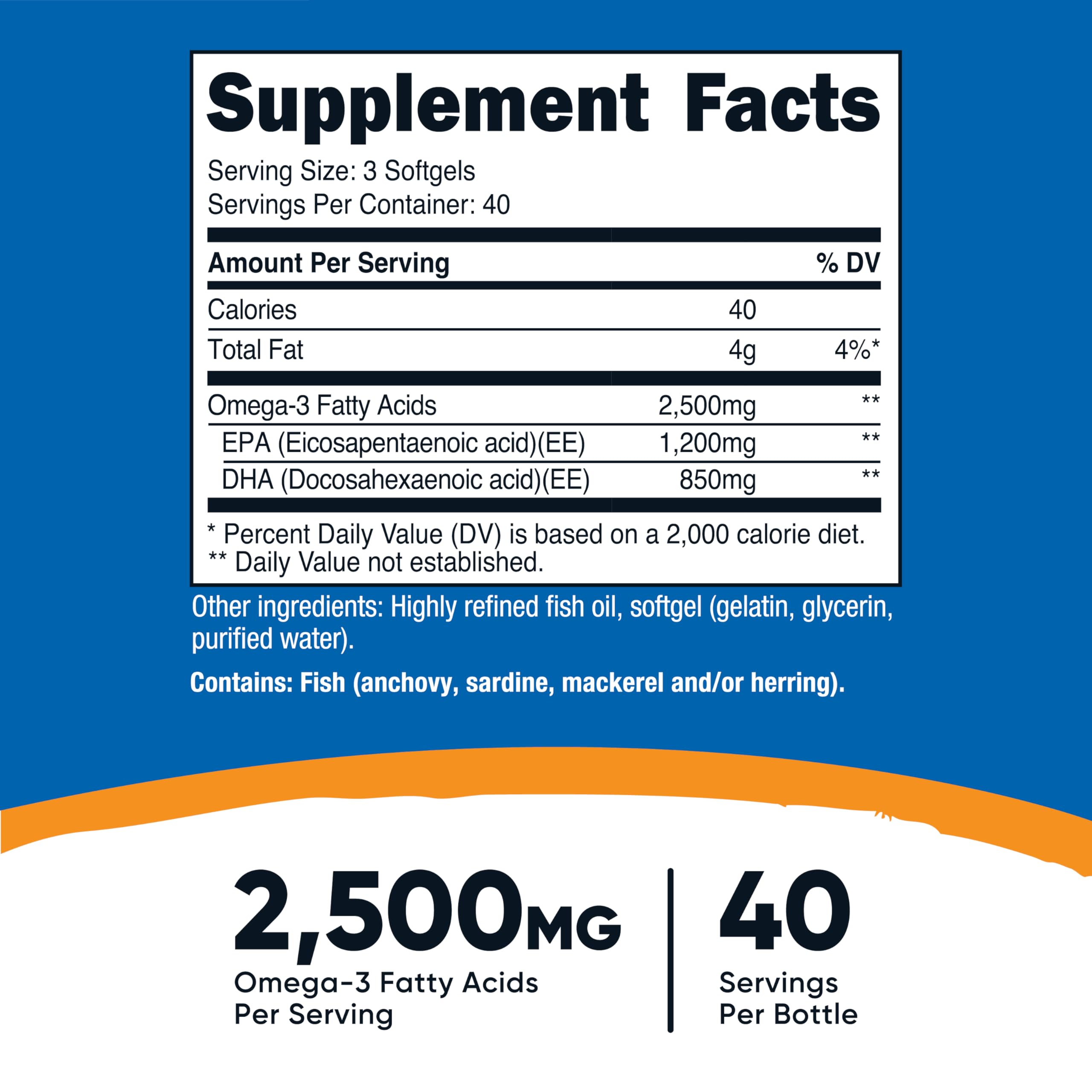 Nutricost Omega 3 Fish Oil (2500MG) 120 Softgels, 40 Servings | Fish Oil, Wild Caught! 1200mg EPA 850mg DHA, GMO-Free, Gluten Free
